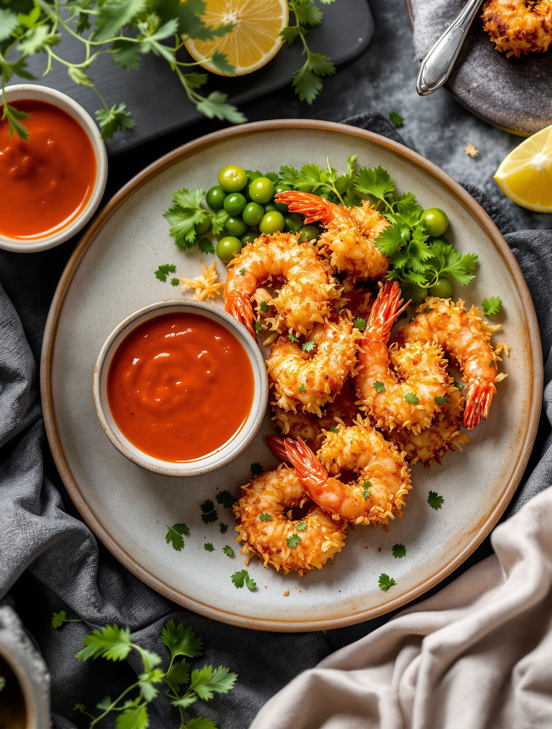 A plate of crispy coconut shrimp served with dipping sauce and garnished with cilantro and lime.