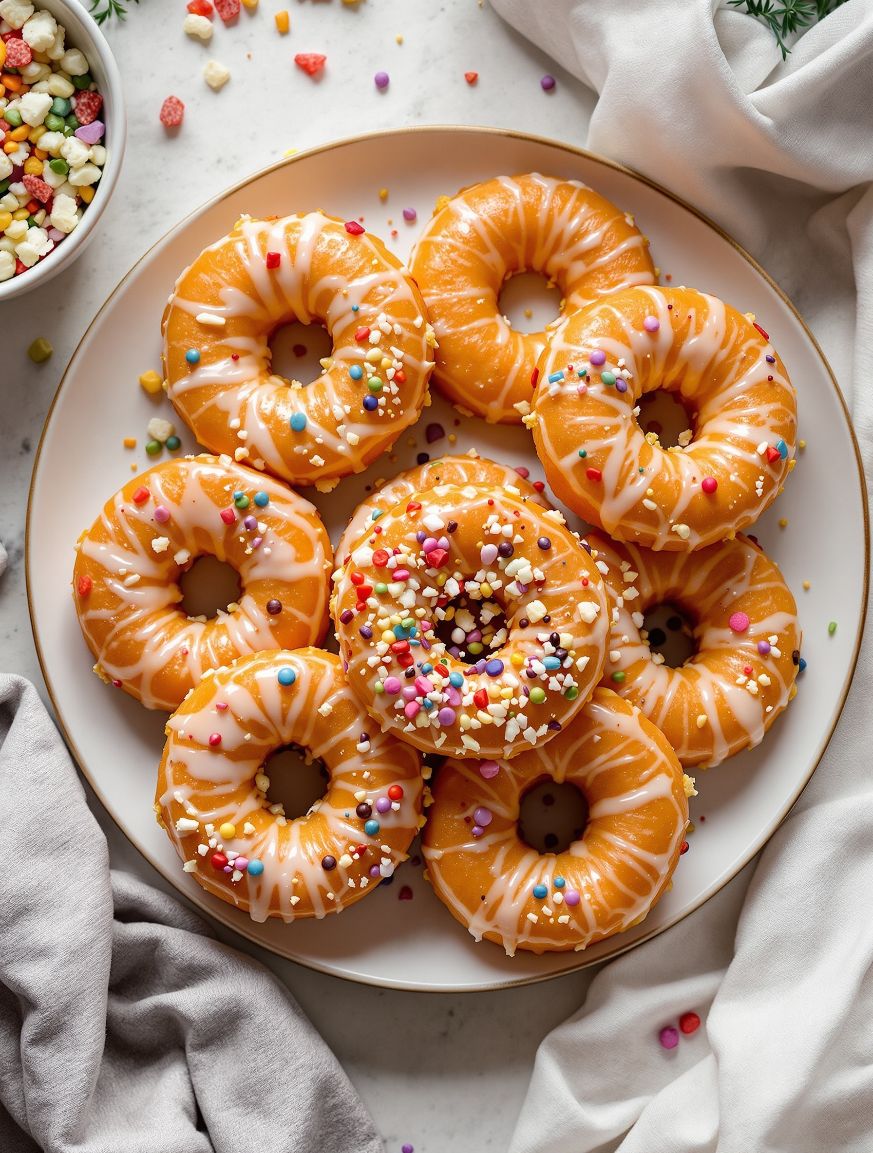 A plate of colorful air fryer donuts topped with icing and sprinkles.