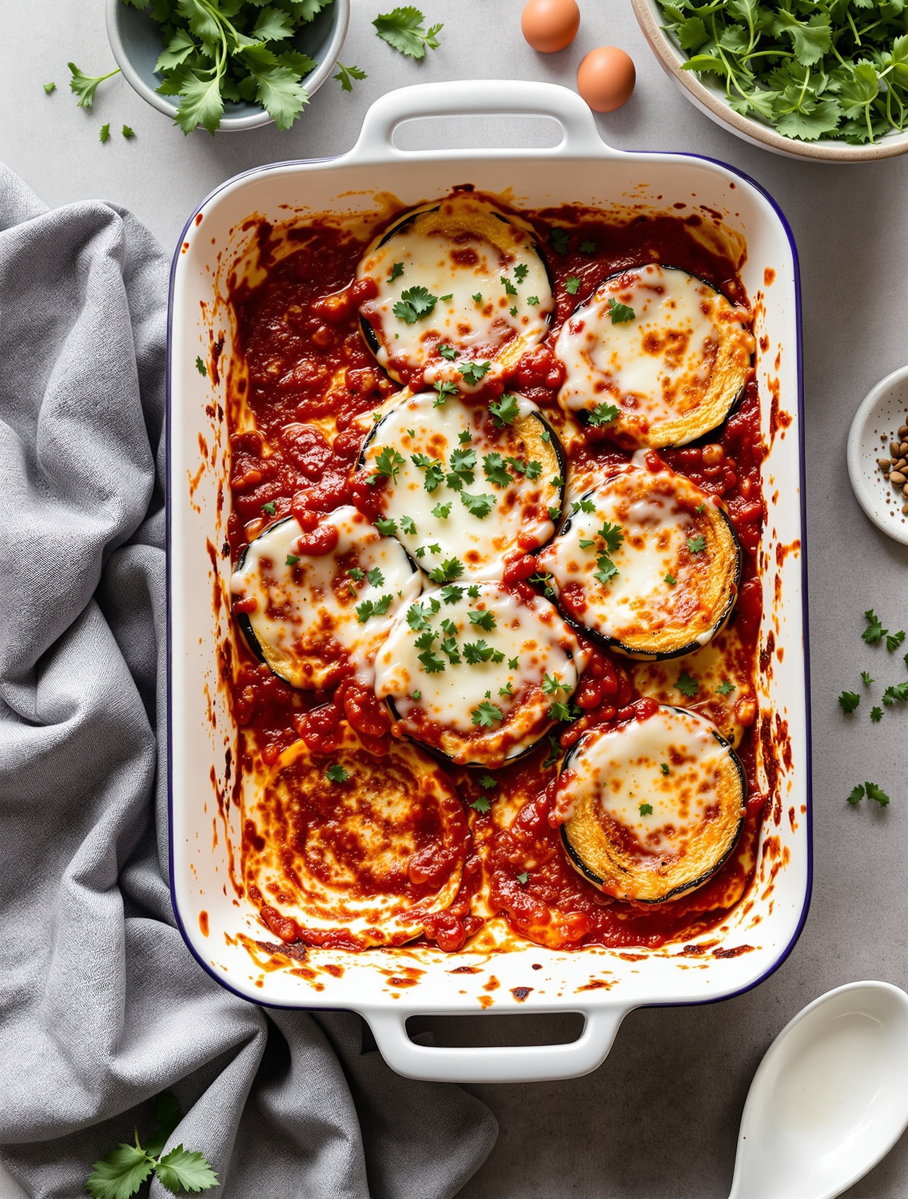 A dish of Air Fryer Eggplant Parmesan with layers of eggplant, marinara sauce, and melted cheese topped with parsley.