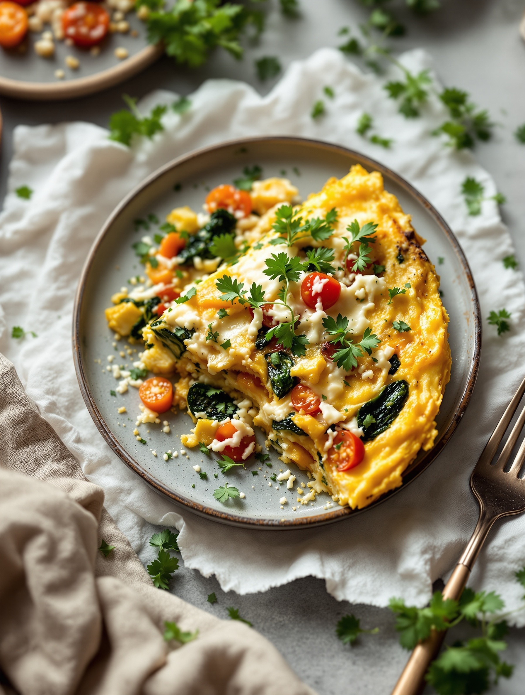 A delicious air fryer frittata with spinach, cherry tomatoes, and fresh herbs on a plate.