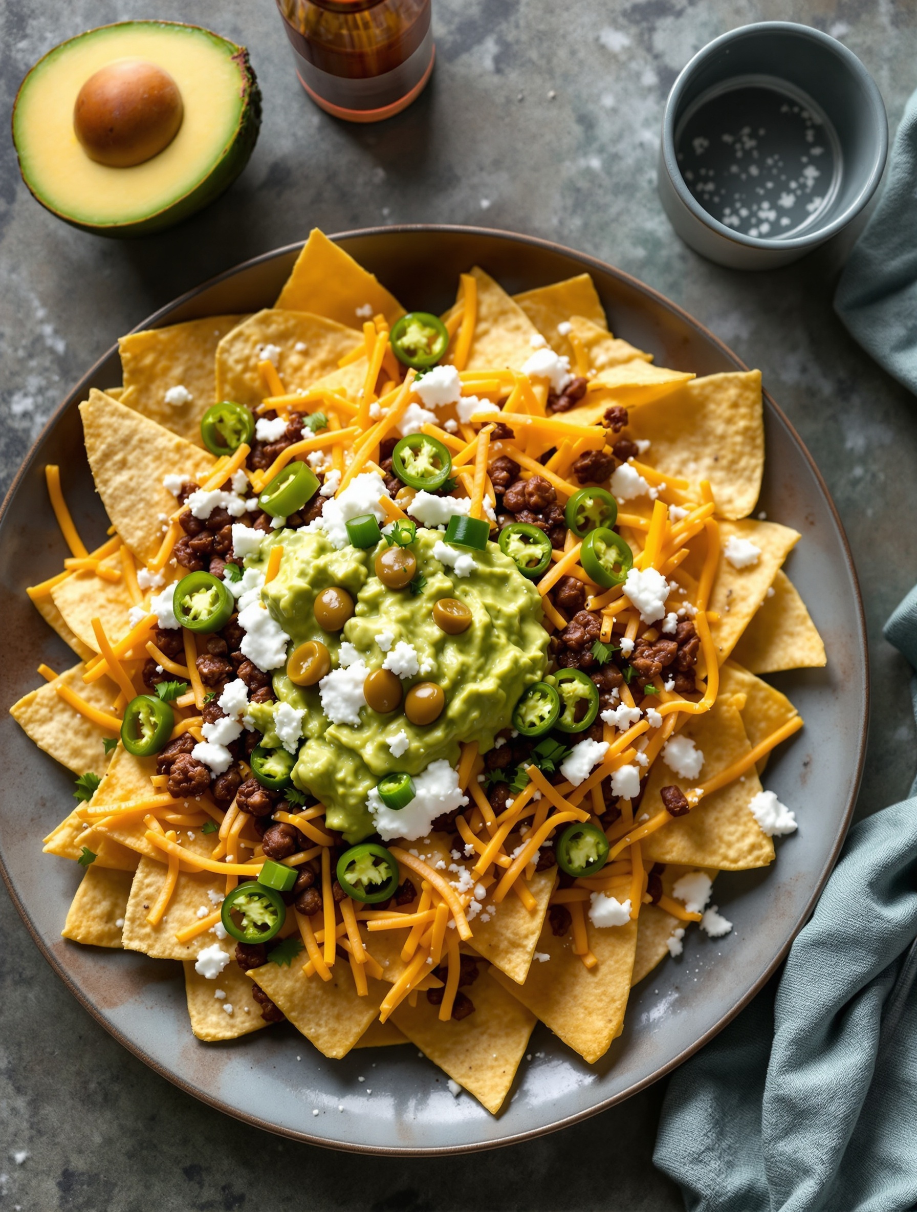 A plate of air fryer nachos topped with cheese, jalapeños, guacamole, and sour cream.
