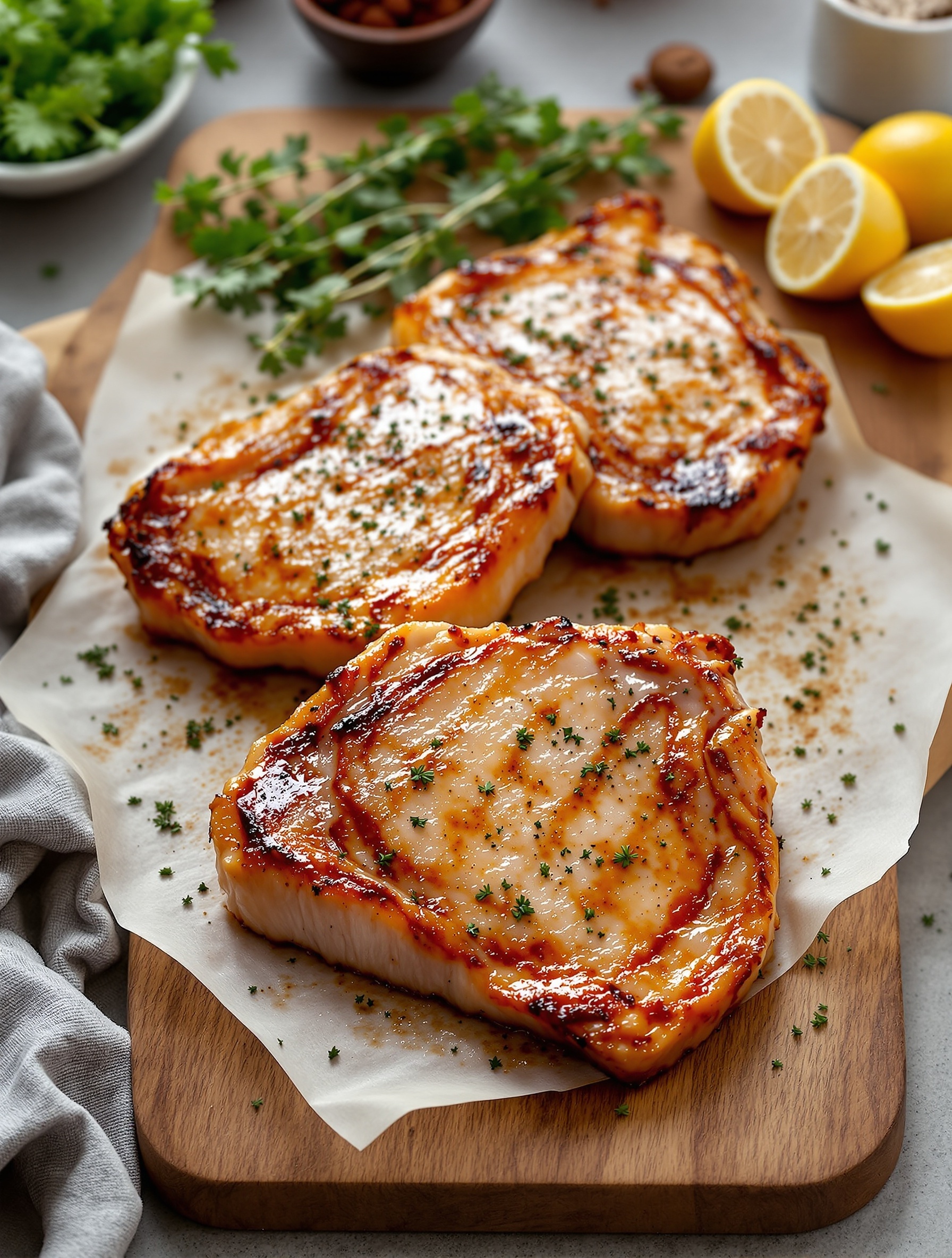 Three perfectly cooked air fryer pork chops garnished with herbs on a wooden board.
