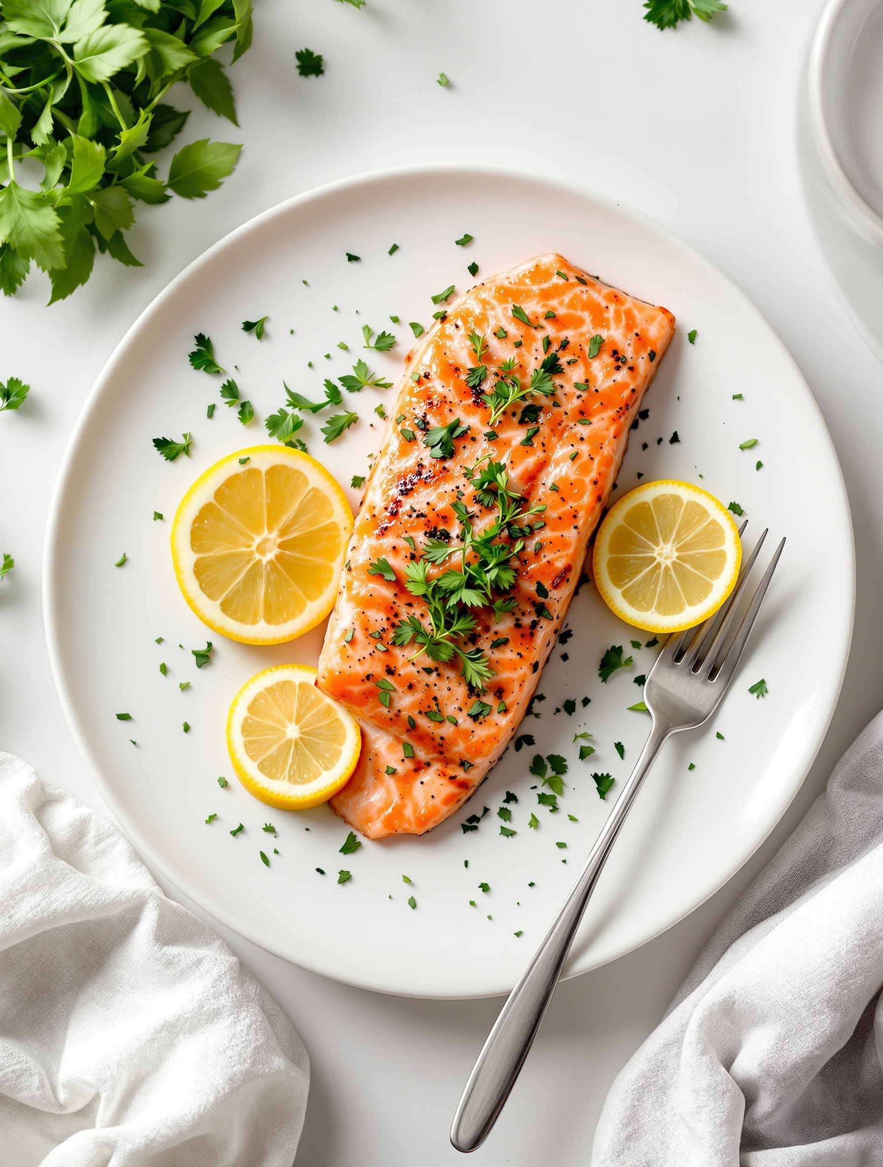 Air fryer salmon fillet garnished with lemon slices and parsley on a white plate.