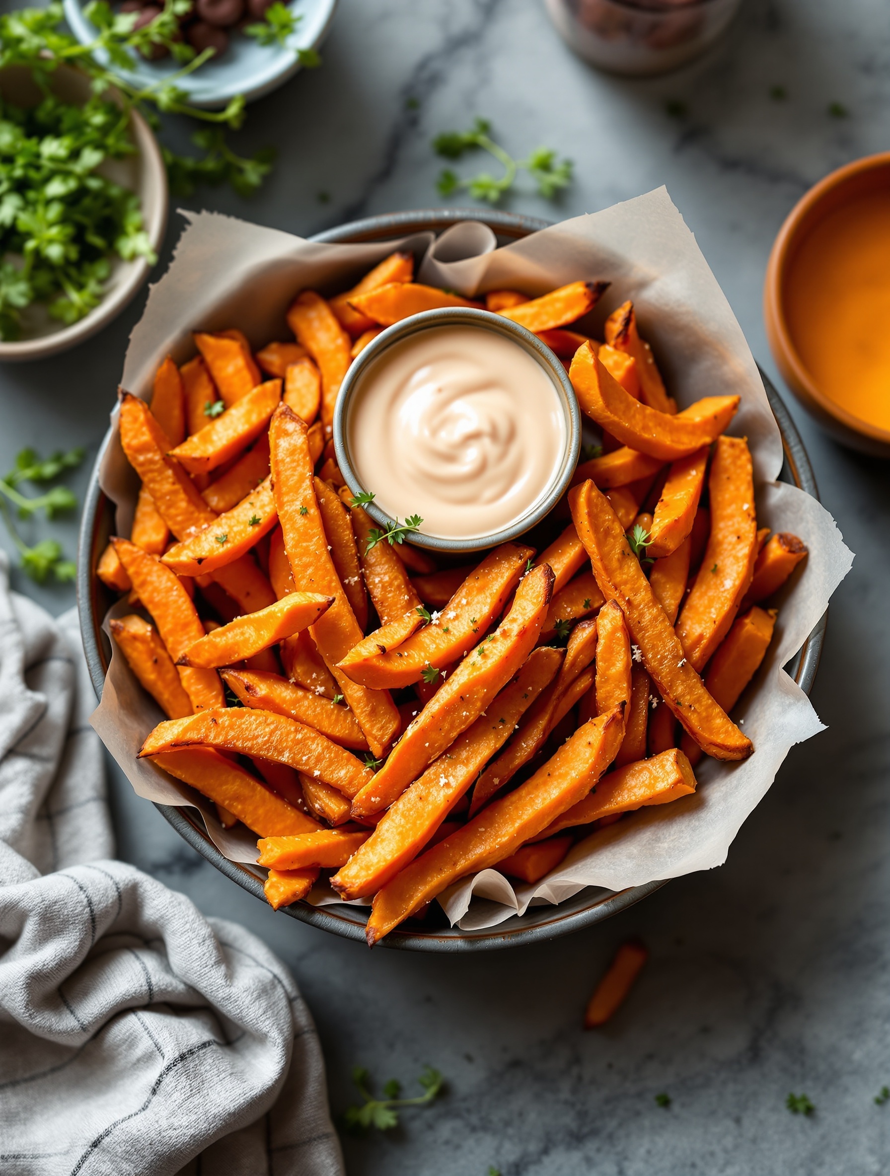 A bowl of crispy air fryer sweet potato fries with a dipping sauce.