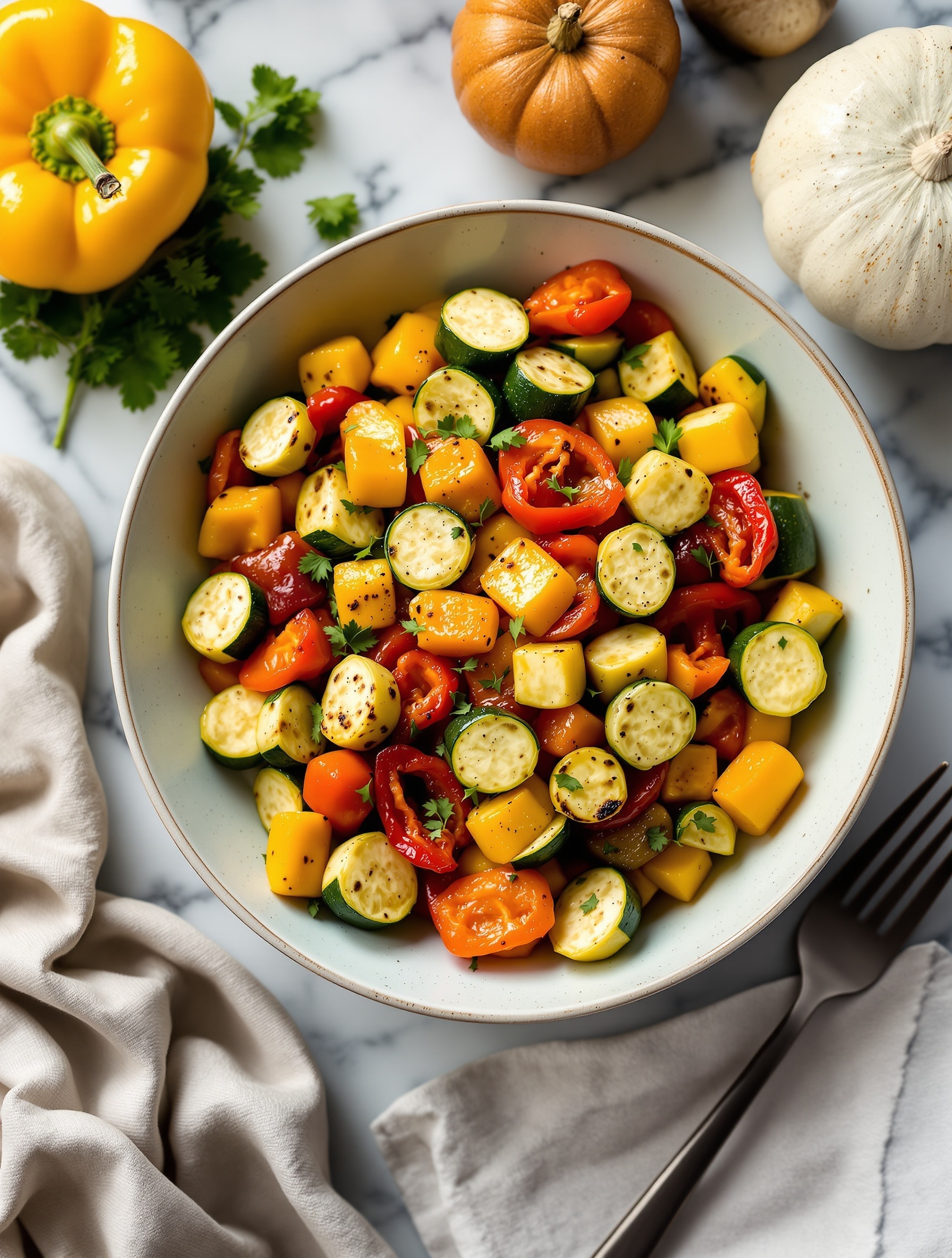 A colorful bowl of air-fried vegetable medley including zucchini, bell peppers, and squash.
