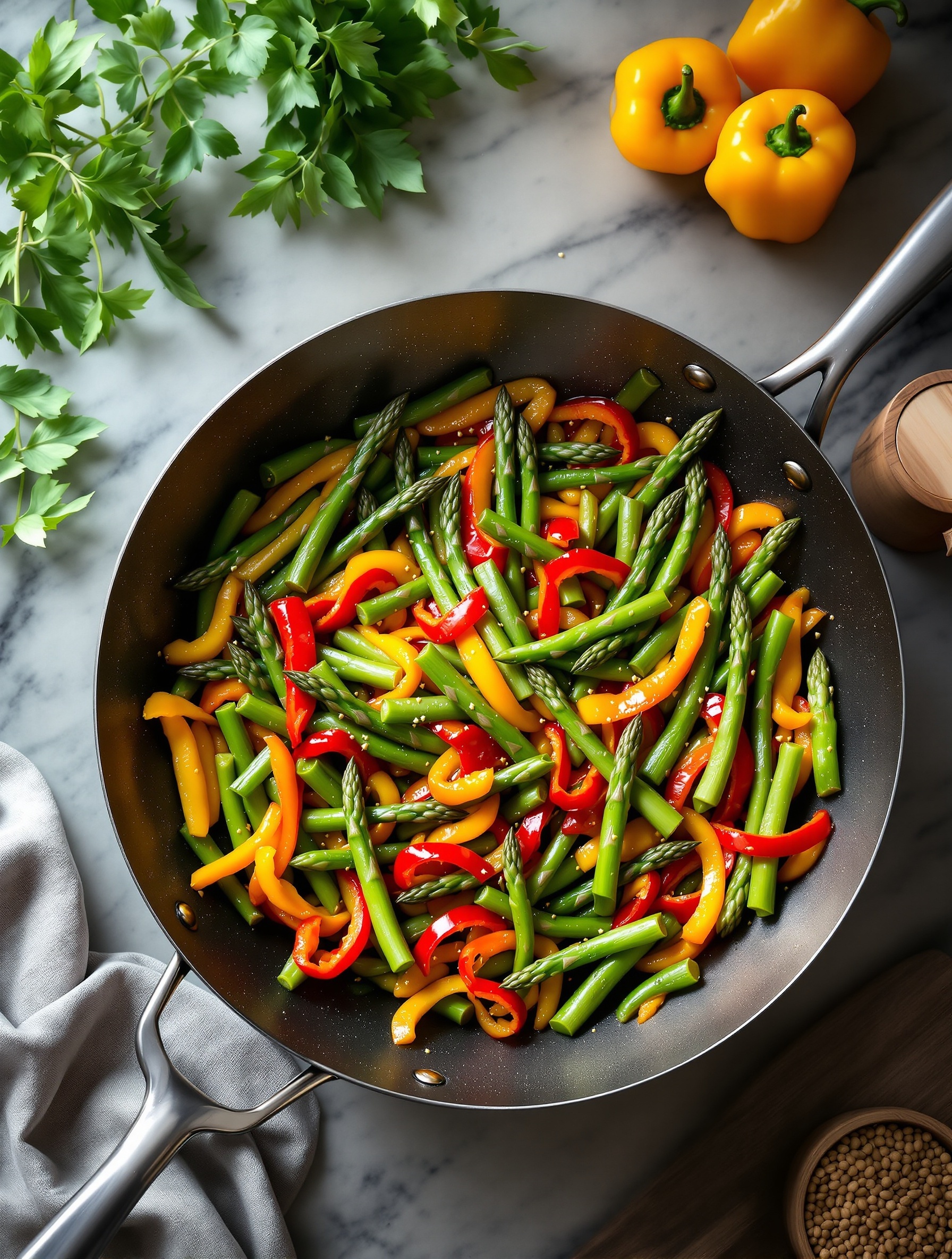 A colorful stir fry with asparagus and bell peppers in a skillet