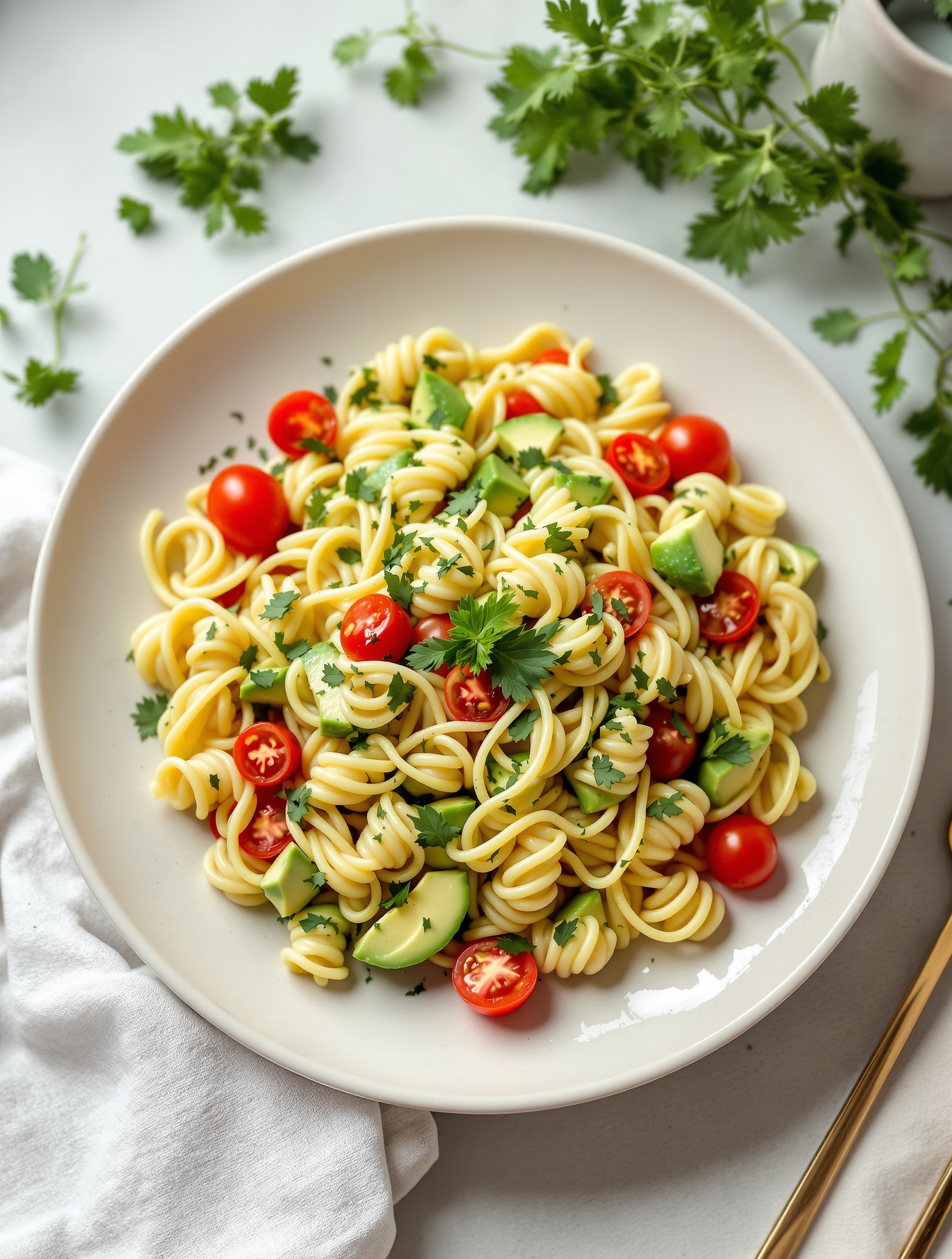 A colorful bowl of avocado and tomato pasta salad with fresh herbs