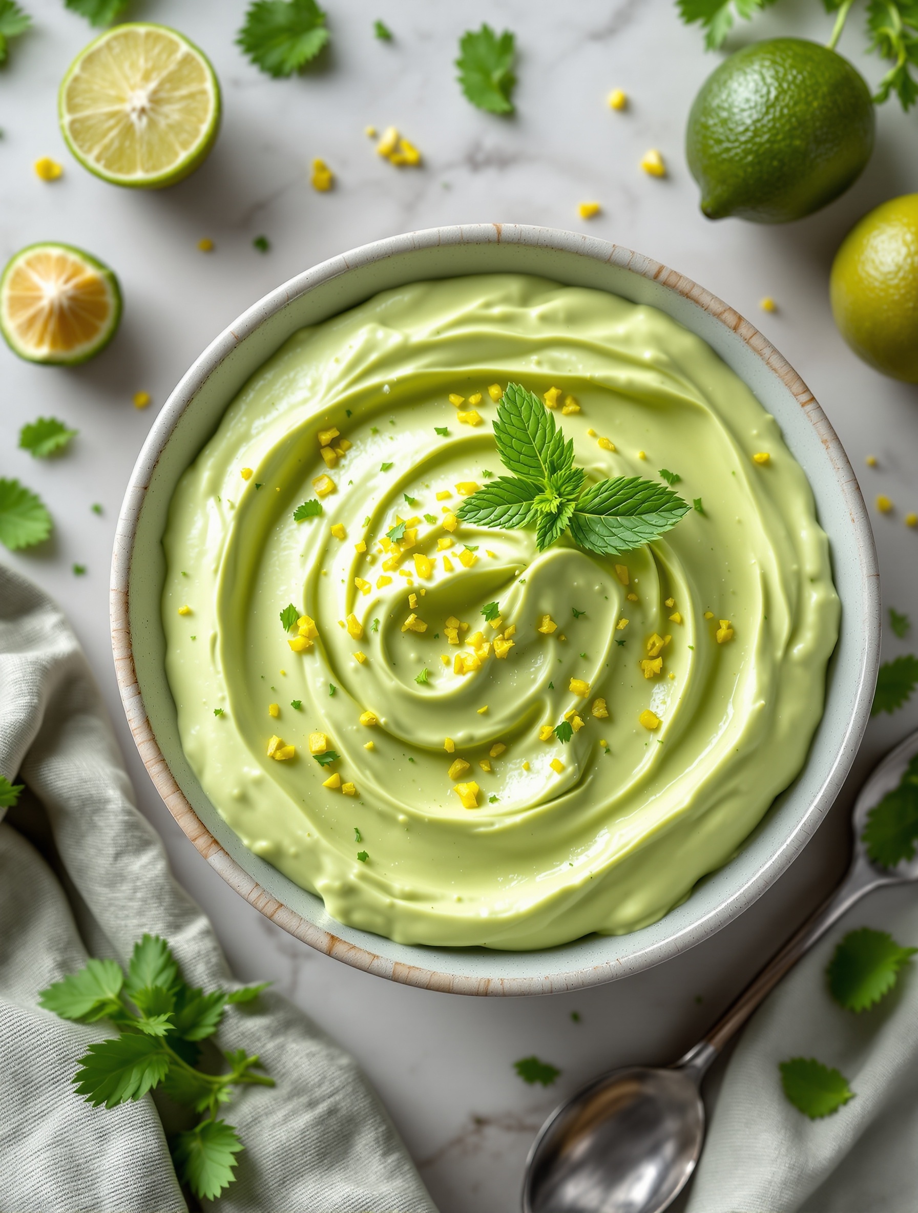 A bowl of creamy avocado lime mousse topped with lime zest and mint leaves, surrounded by fresh limes and cilantro.