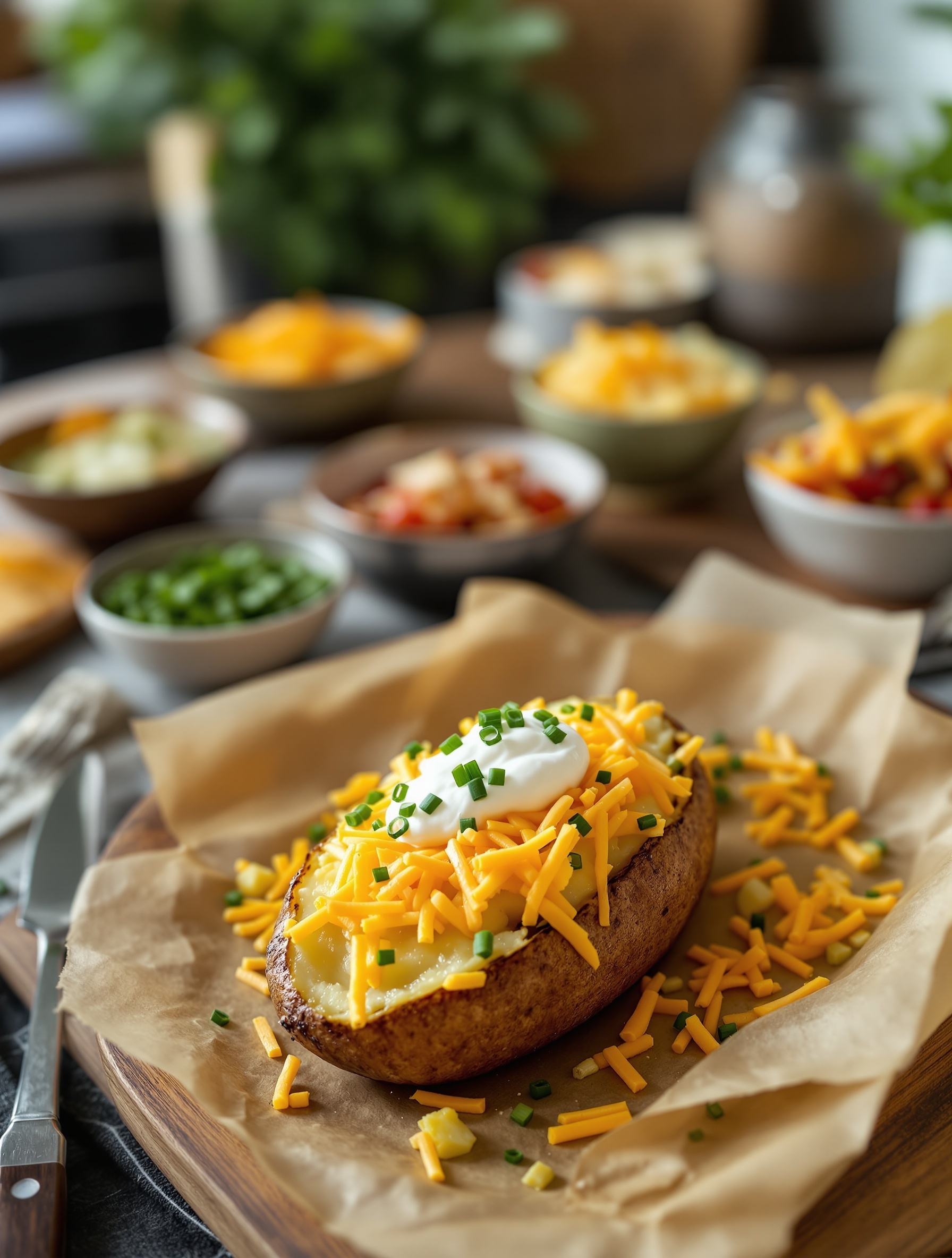 A baked potato topped with shredded cheese, sour cream, and chives, surrounded by various toppings in bowls.