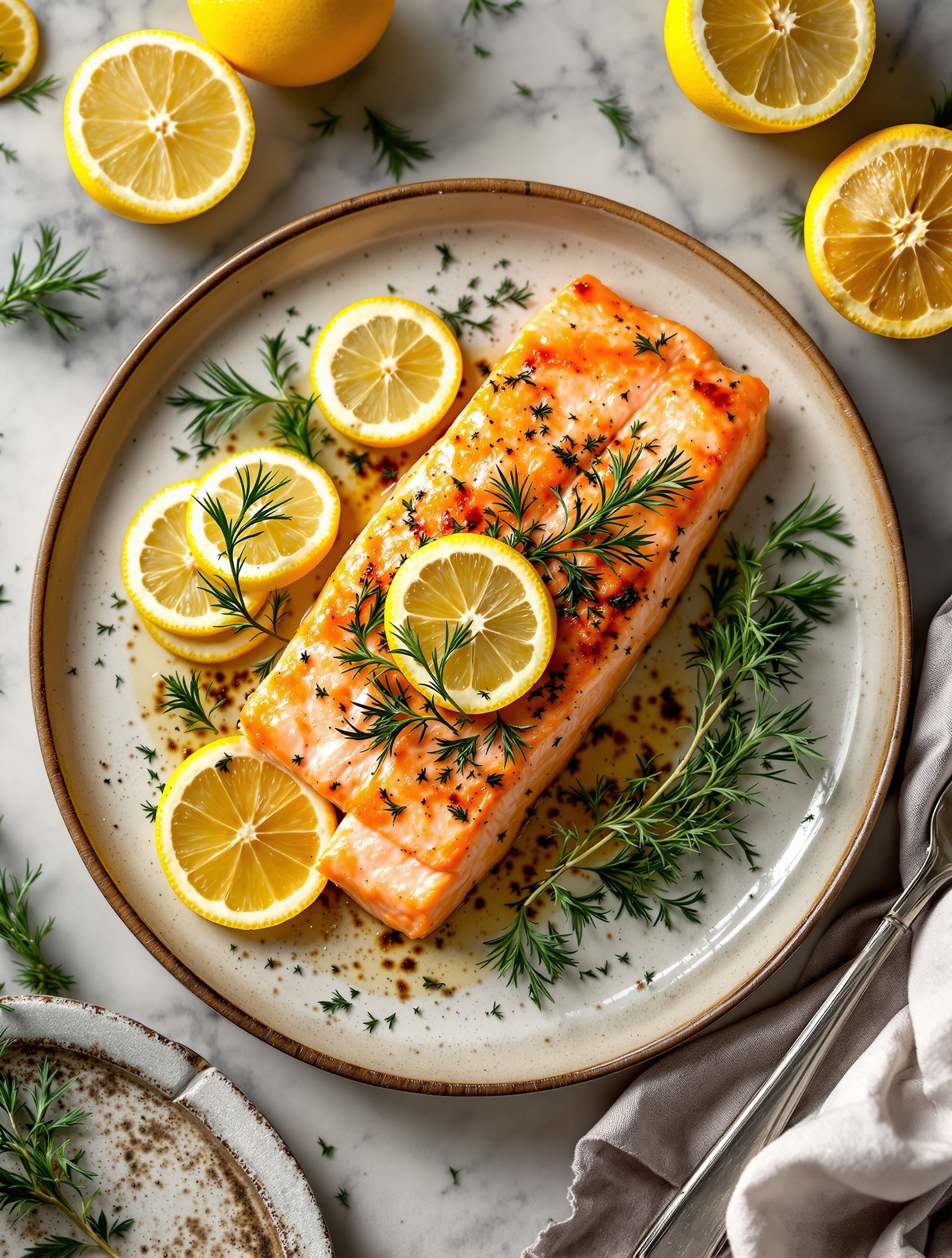 Baked salmon fillet garnished with dill and lemon slices on a plate