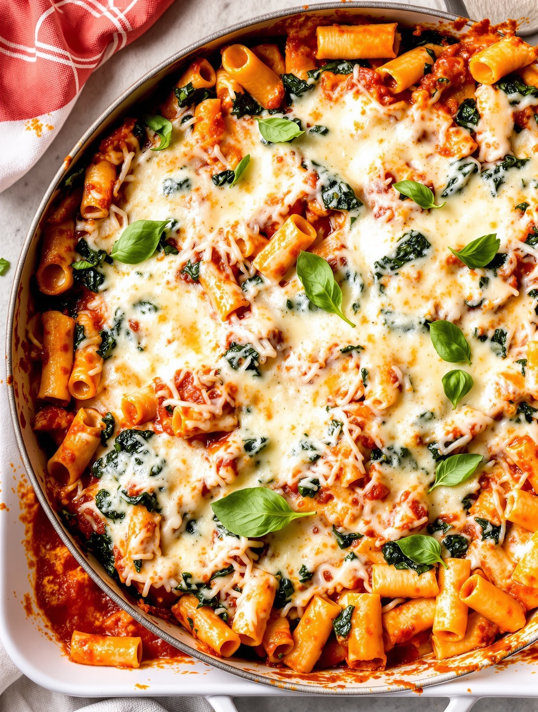 A delicious baked ziti with spinach topped with melted cheese and fresh basil.