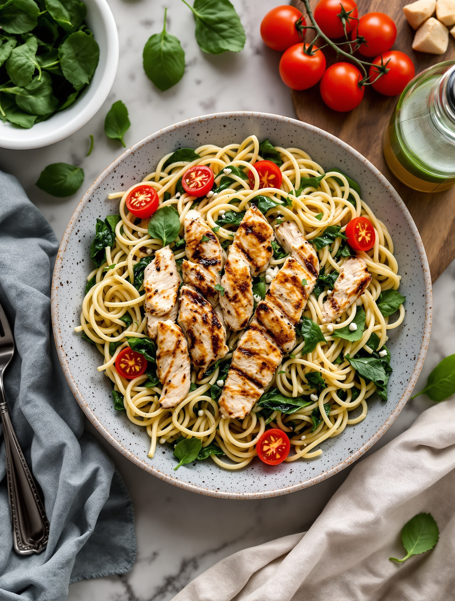 Balsamic Chicken Pasta Salad with grilled chicken, spinach, and cherry tomatoes