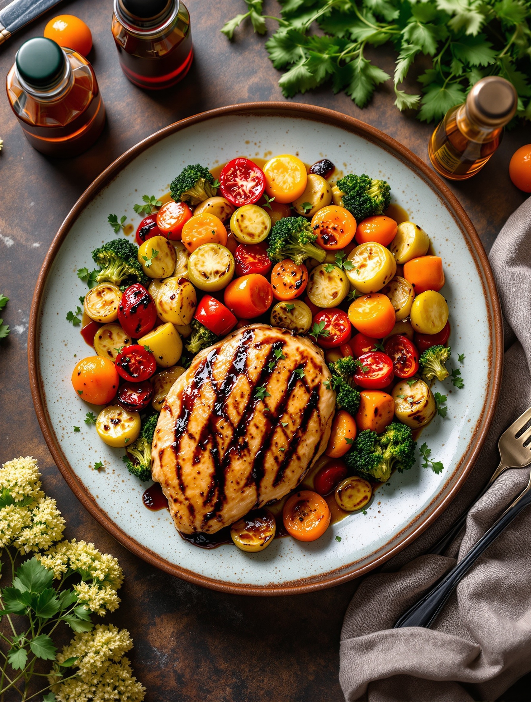 Balsamic glazed grilled chicken served with roasted vegetables on a plate