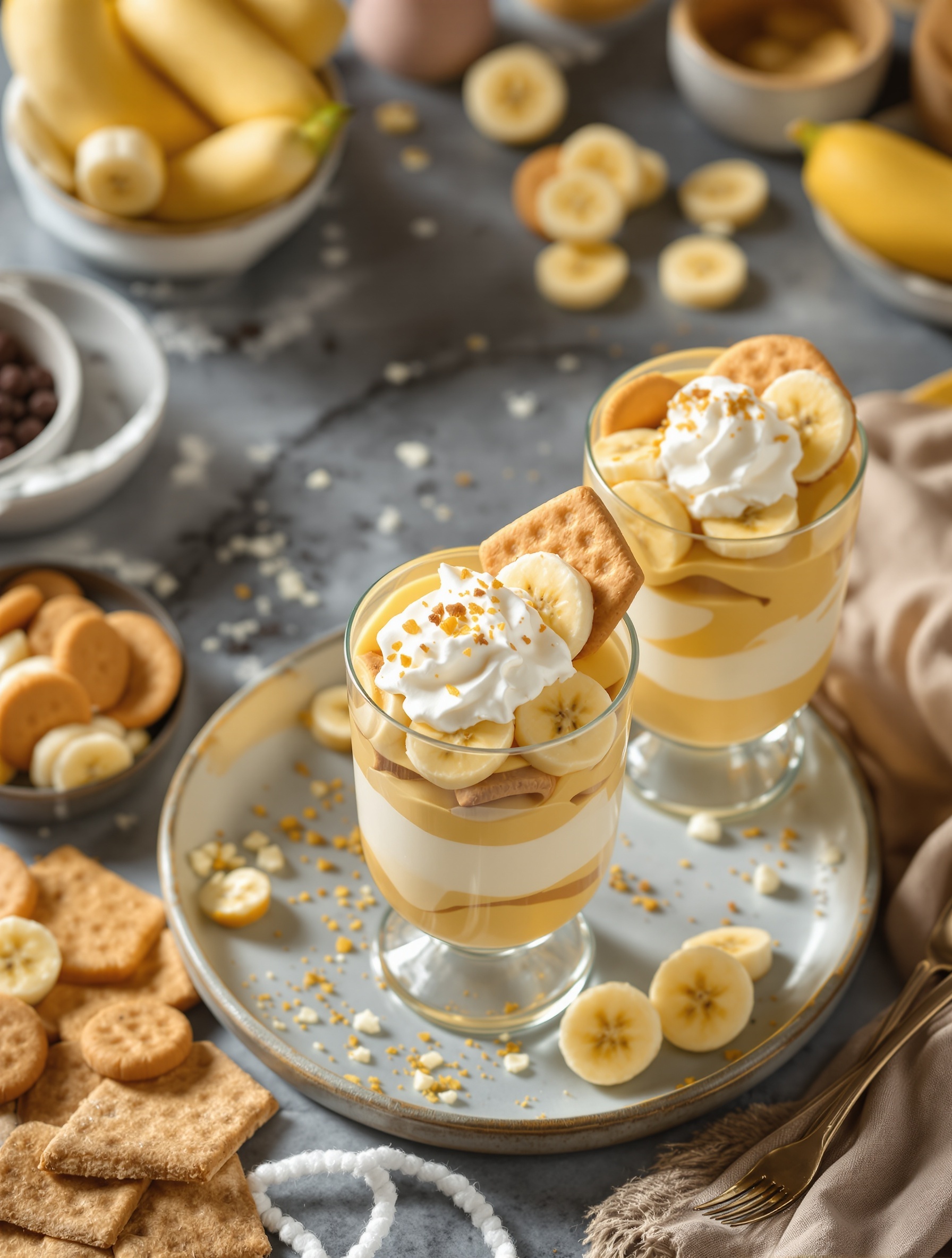 Two banana pudding parfaits layered with pudding, bananas, and graham crackers, topped with whipped cream and banana slices.