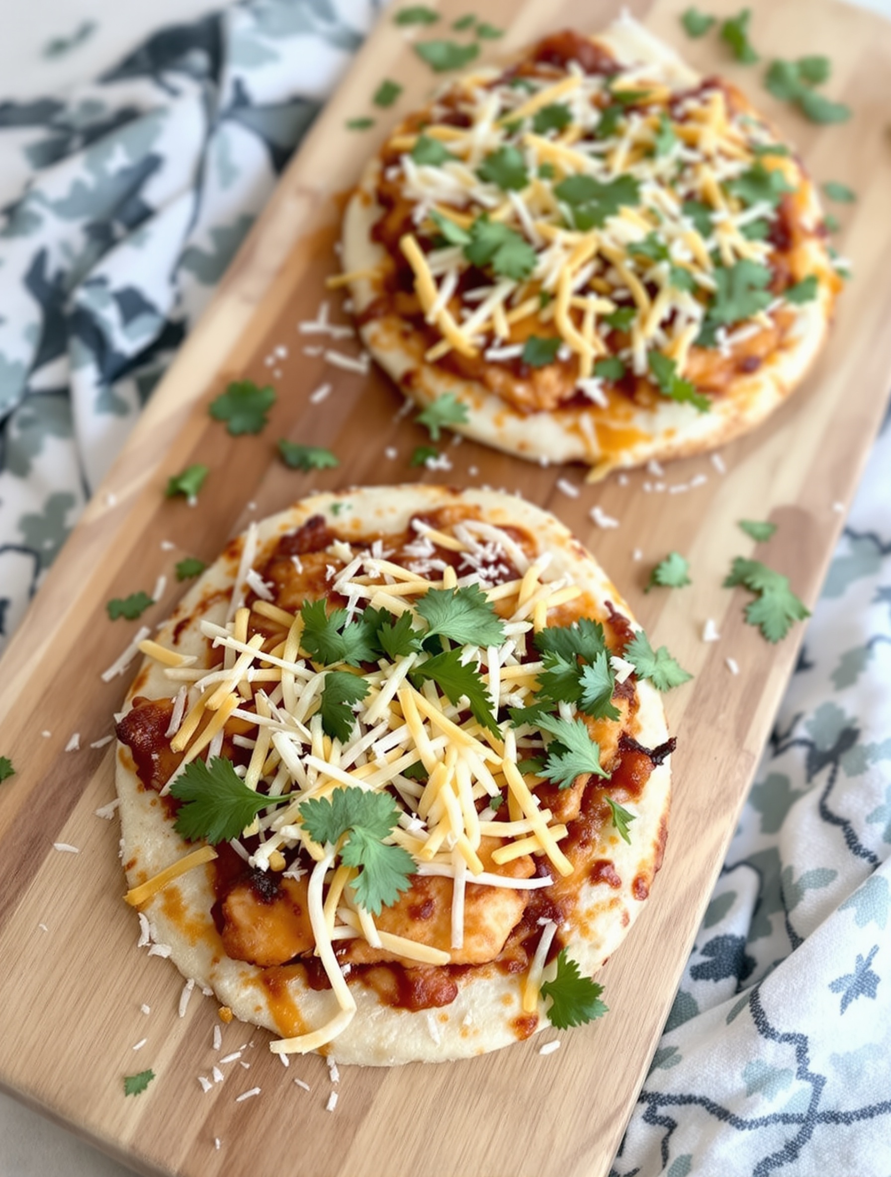 BBQ Chicken Flatbreads topped with cheese and cilantro on a wooden board