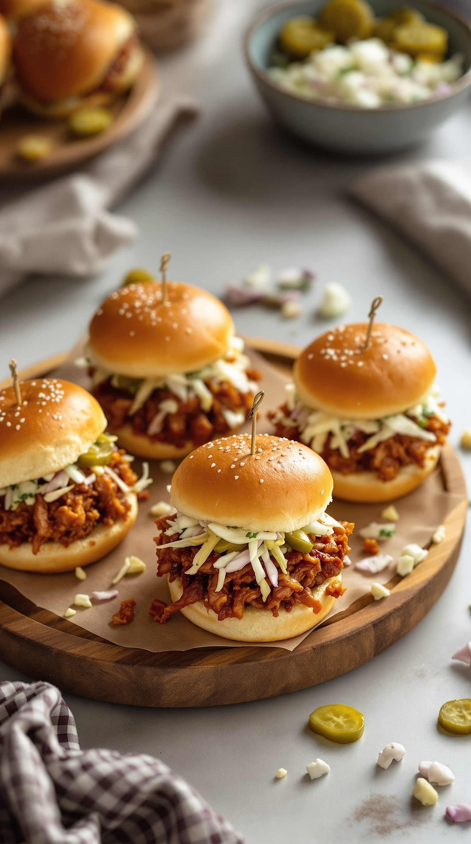 BBQ pulled pork sliders on a wooden platter with pickles and coleslaw.