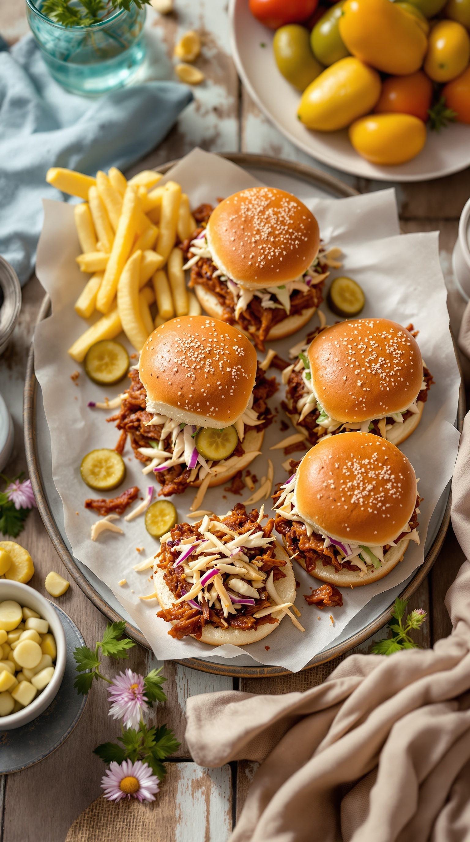 A platter of BBQ pulled pork sliders with fries and pickles, surrounded by fresh vegetables.