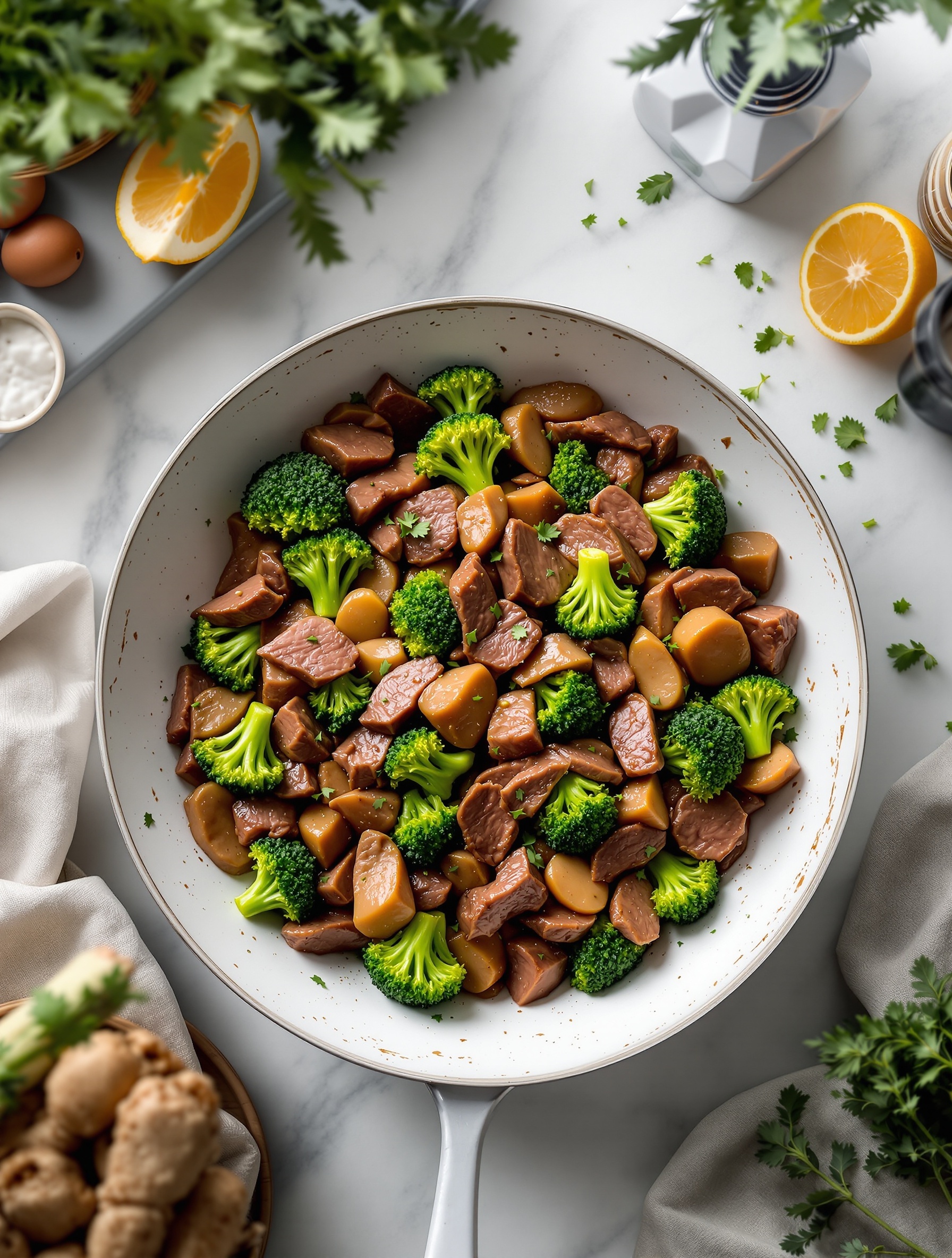 A skillet filled with beef and broccoli, showcasing vibrant colors and fresh ingredients.