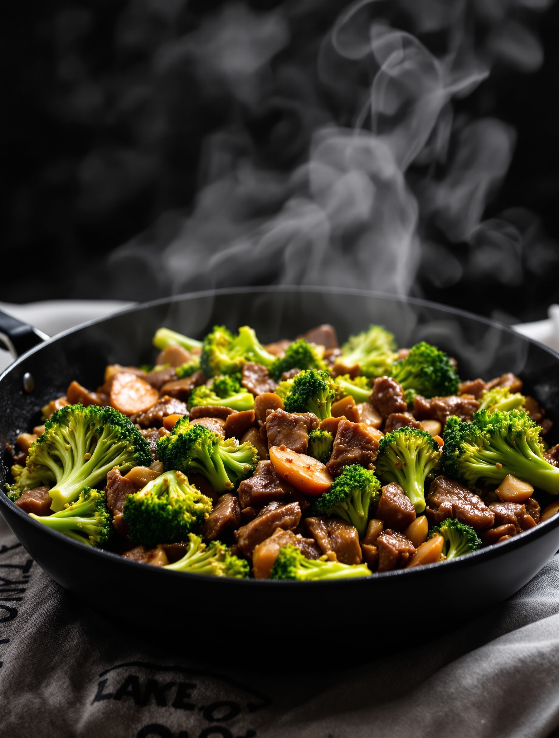 A steaming pan of beef and broccoli stir-fry with vibrant green broccoli and tender beef pieces.