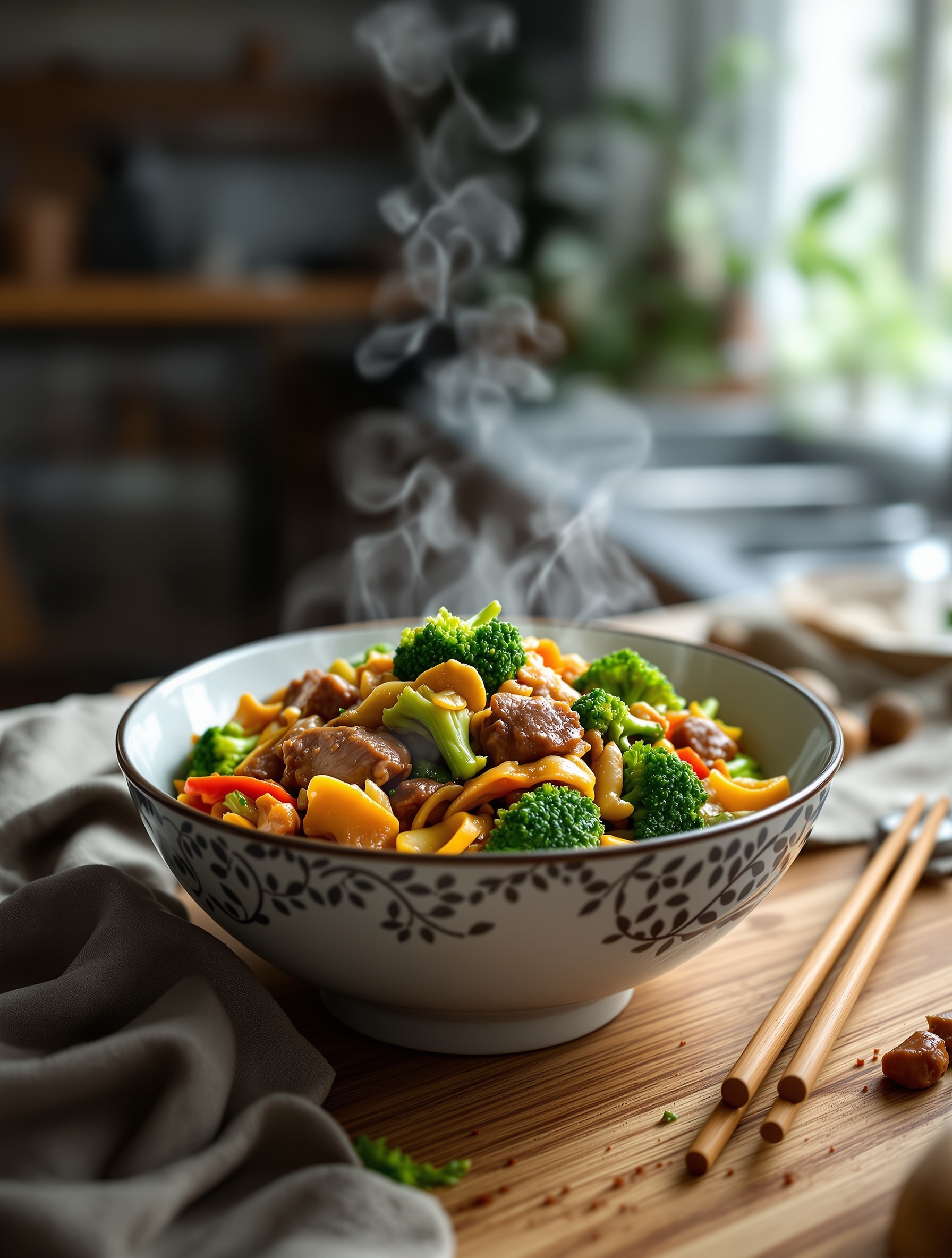 A steaming bowl of beef and broccoli stir-fry with colorful vegetables and noodles.