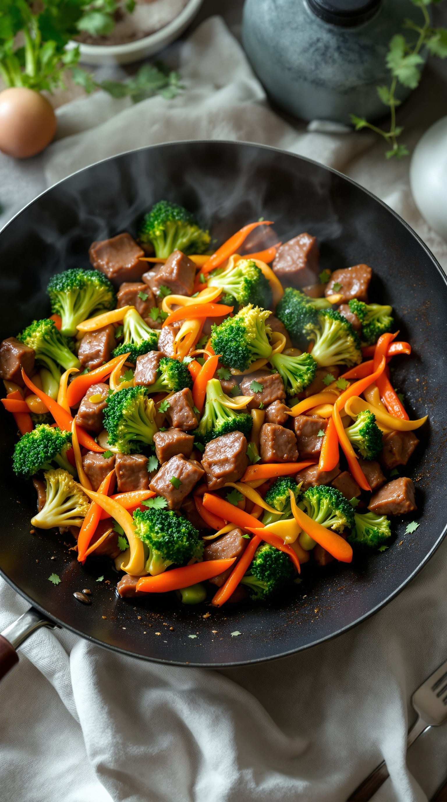A vibrant beef and broccoli stir-fry with colorful vegetables in a black skillet.