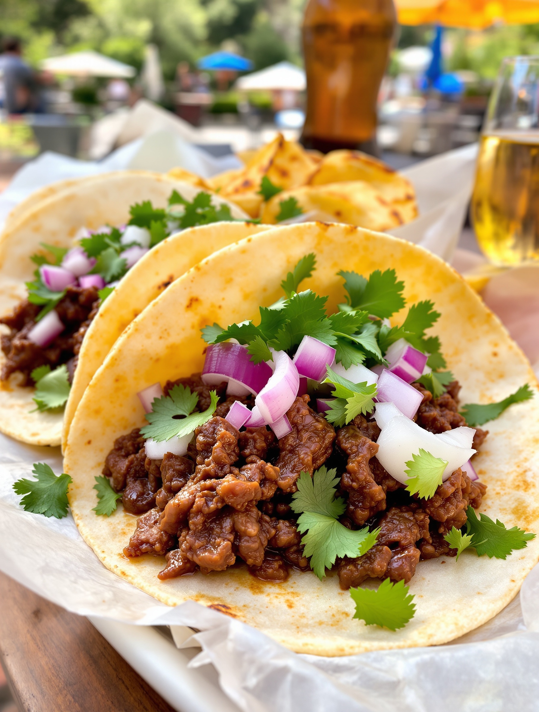 Beef barbacoa tacos with pickled onions and cilantro on corn tortillas