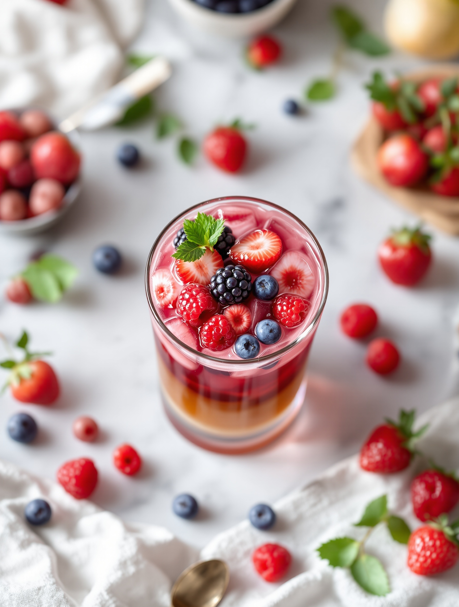 A refreshing berry iced coffee with layers of coffee, berry puree, and fresh fruit garnished with mint leaves.