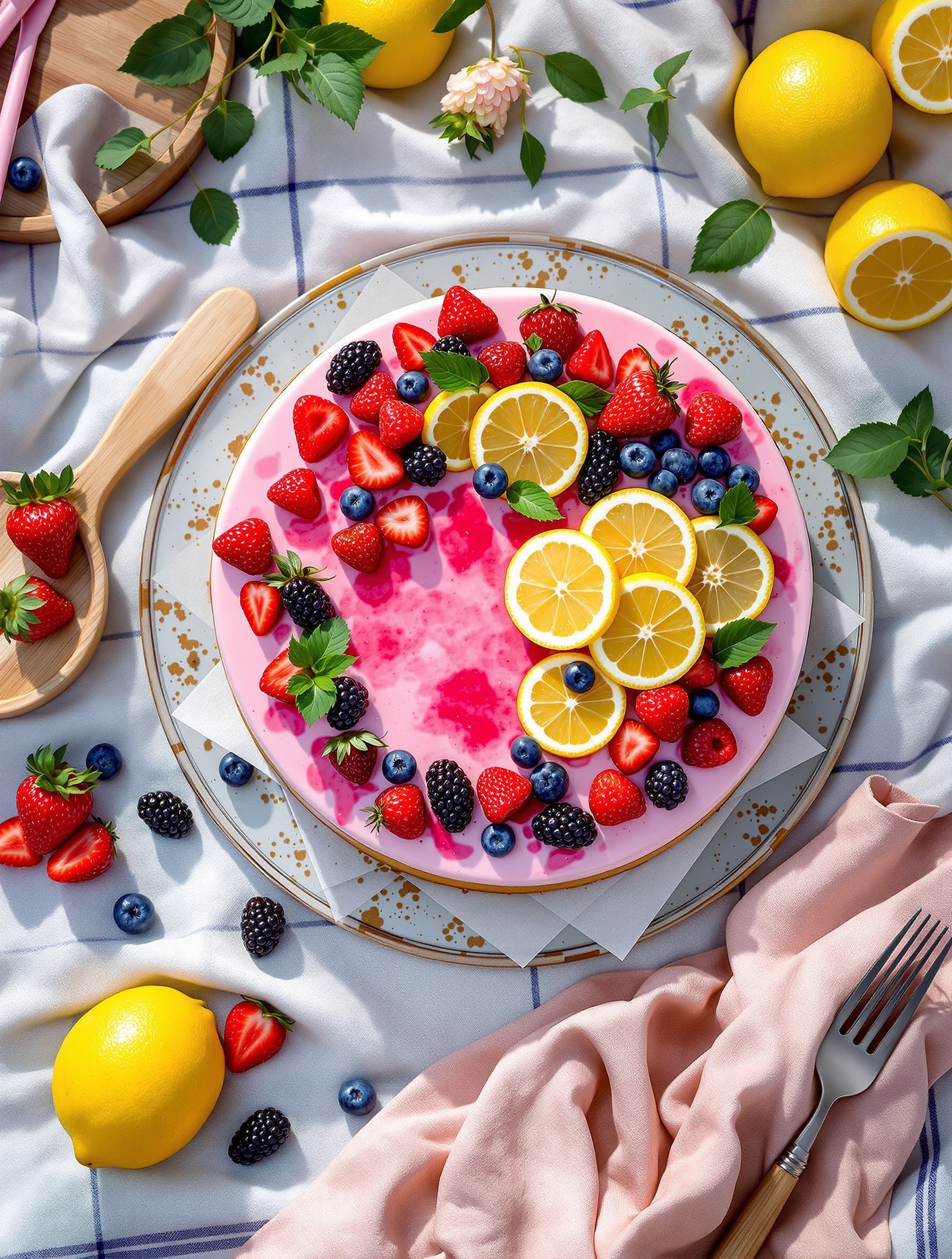 A colorful Berry Lemonade Cake decorated with fresh berries and lemon slices, set on a picnic blanket.
