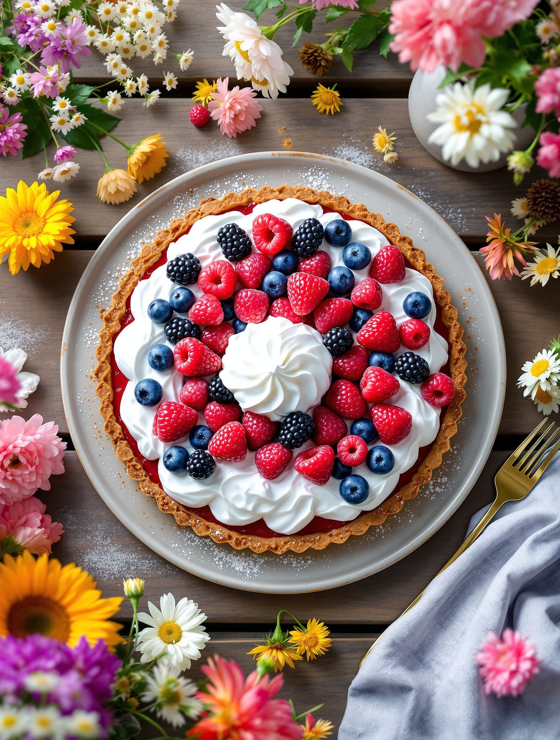 A beautiful berry tart topped with whipped cream, surrounded by colorful flowers.