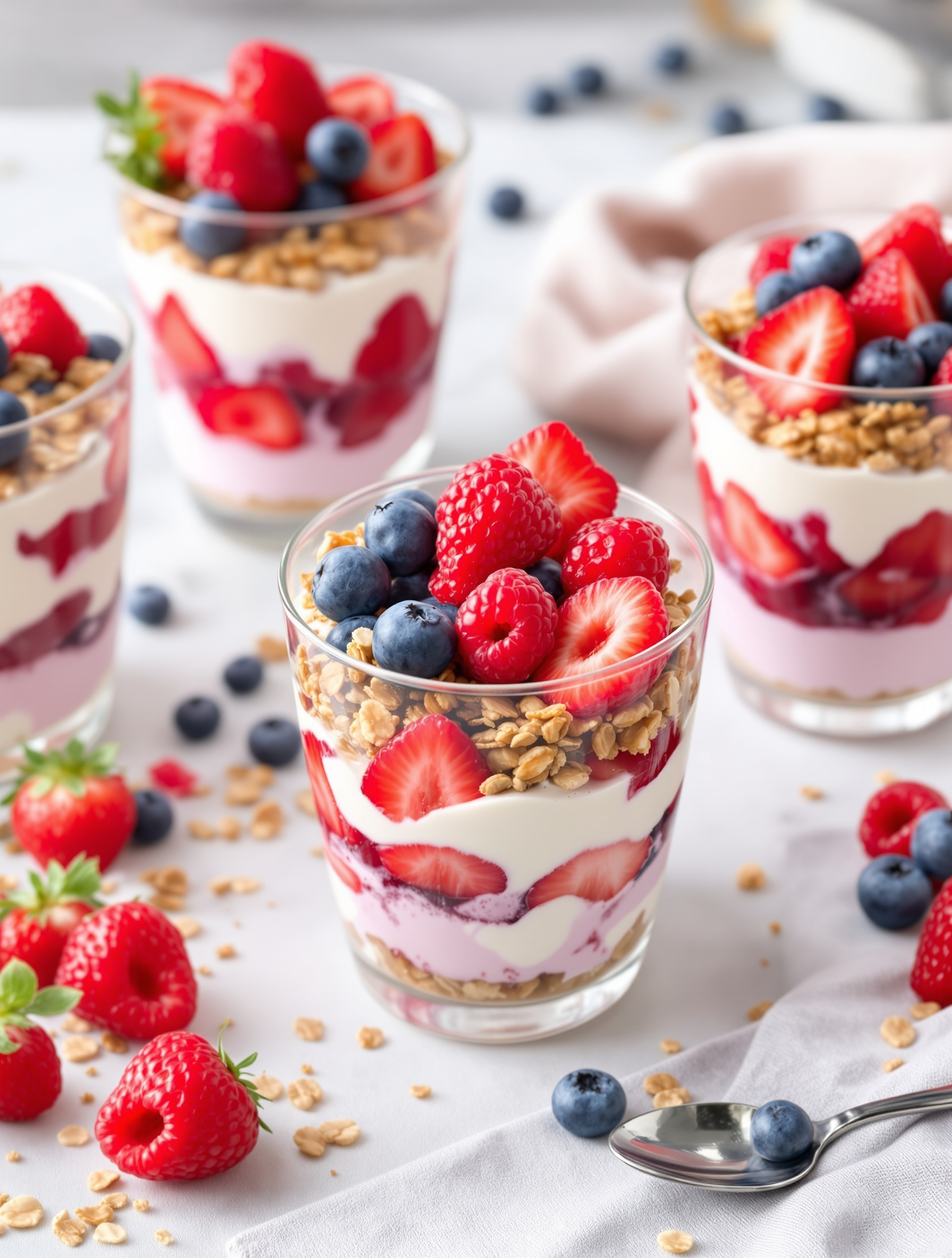 Berry yogurt parfait cups with layers of yogurt, strawberries, blueberries, and granola