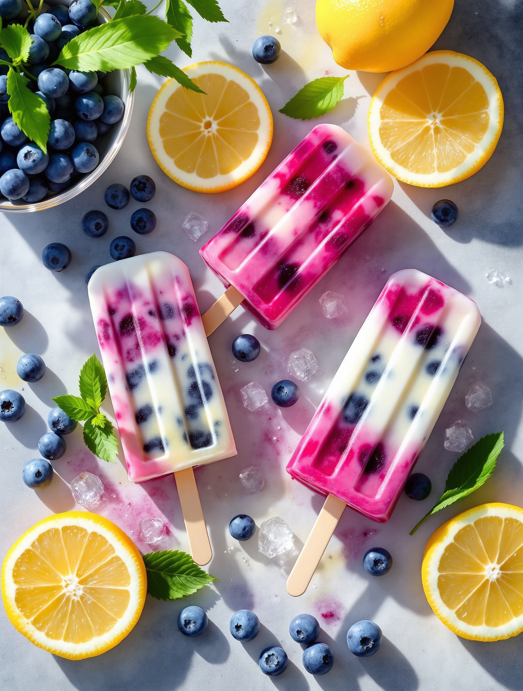 Blueberry lemonade popsicles with fresh blueberries and lemon slices