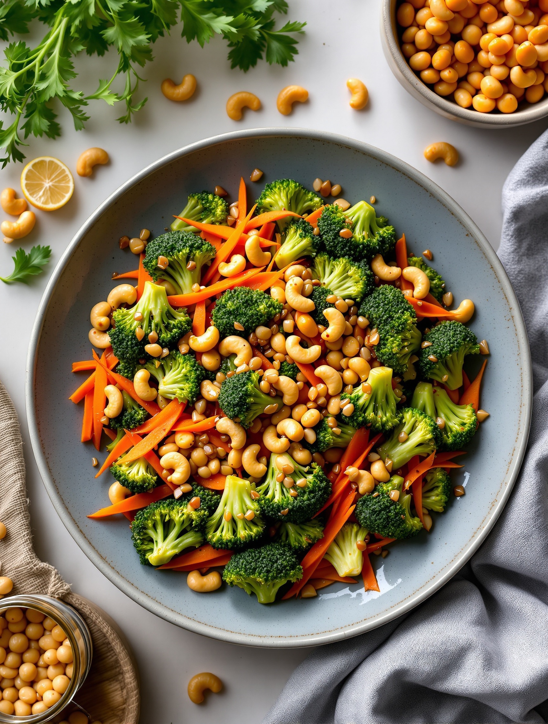 A colorful bowl of broccoli and carrot stir fry with cashews, garnished with fresh herbs.