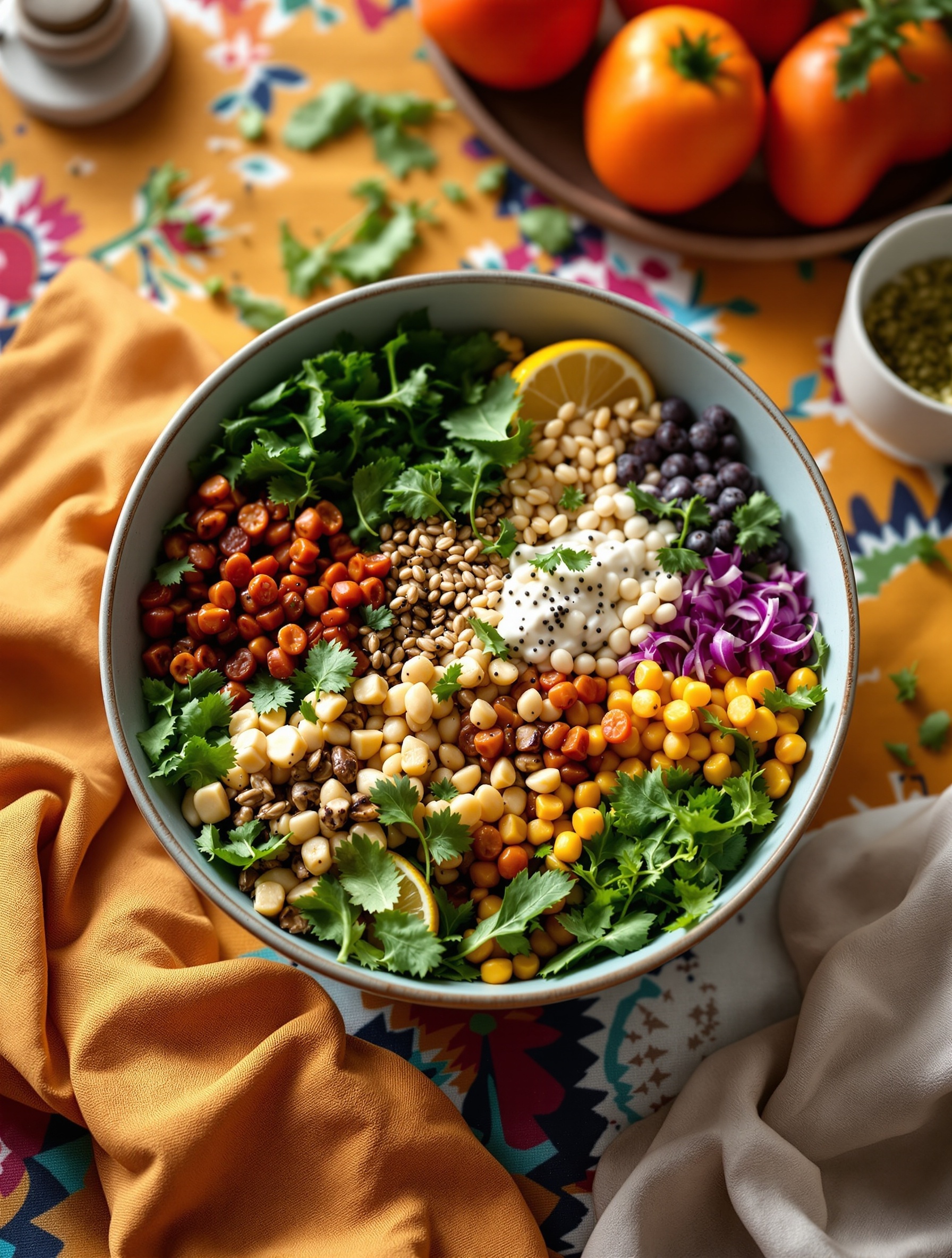 A colorful Buddha bowl filled with grains, greens, and various toppings, set on a vibrant tablecloth.