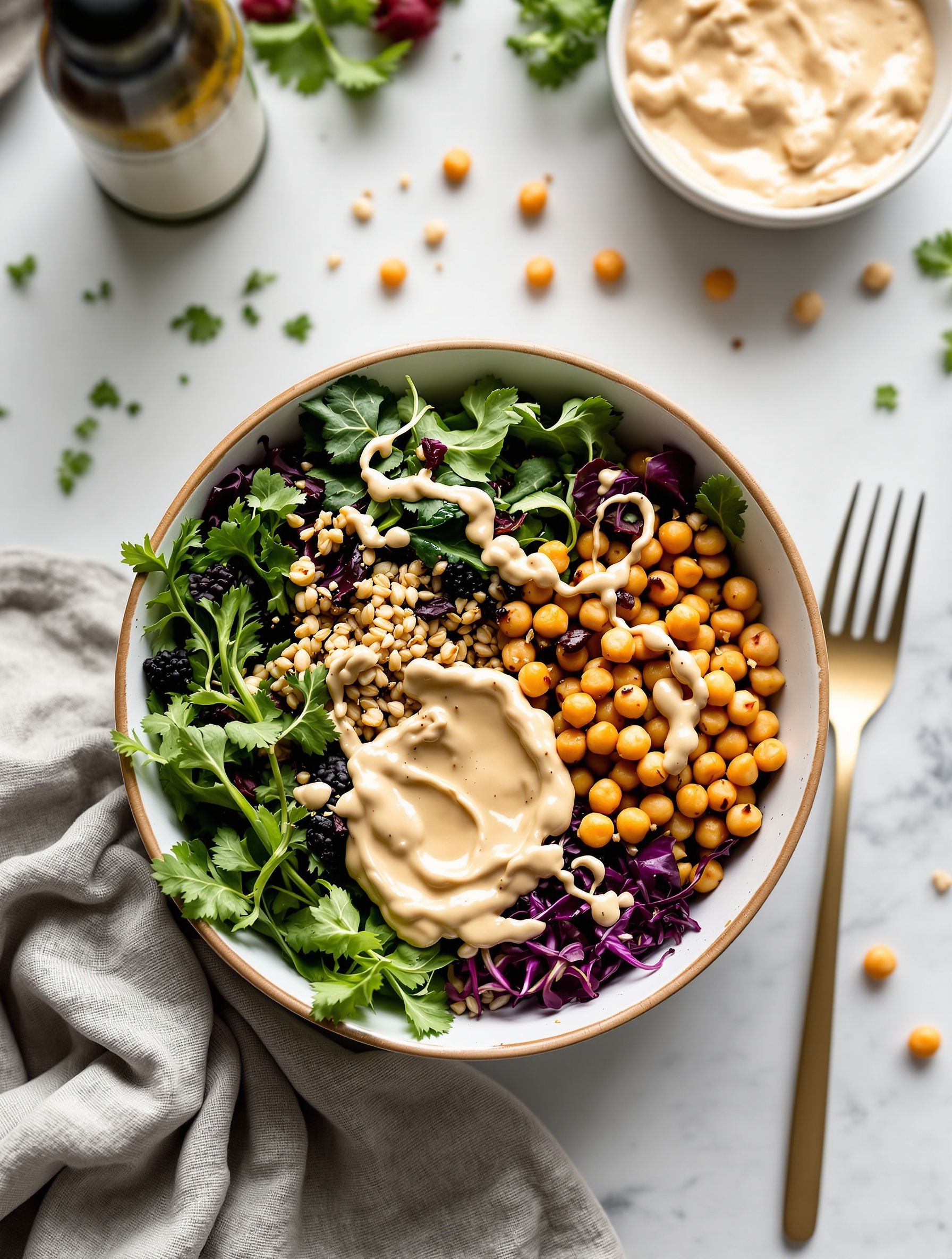 A colorful Buddha bowl with greens, chickpeas, and tahini dressing.