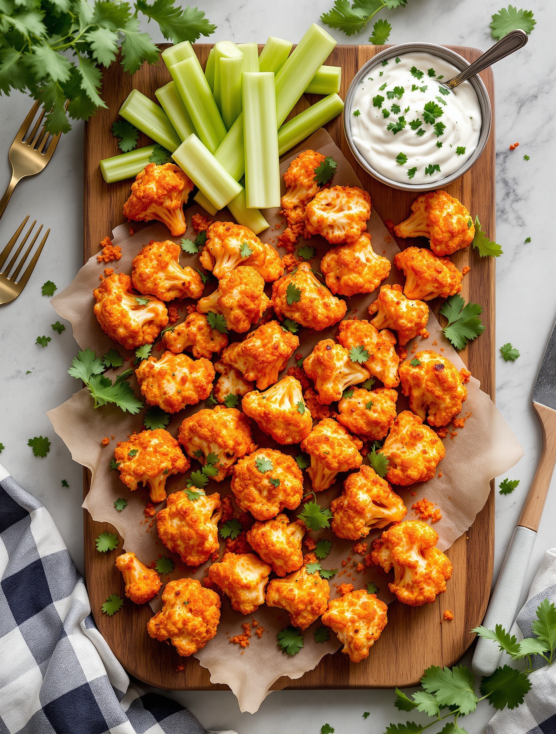 A platter of buffalo cauliflower bites with celery sticks and a creamy dip, garnished with cilantro.