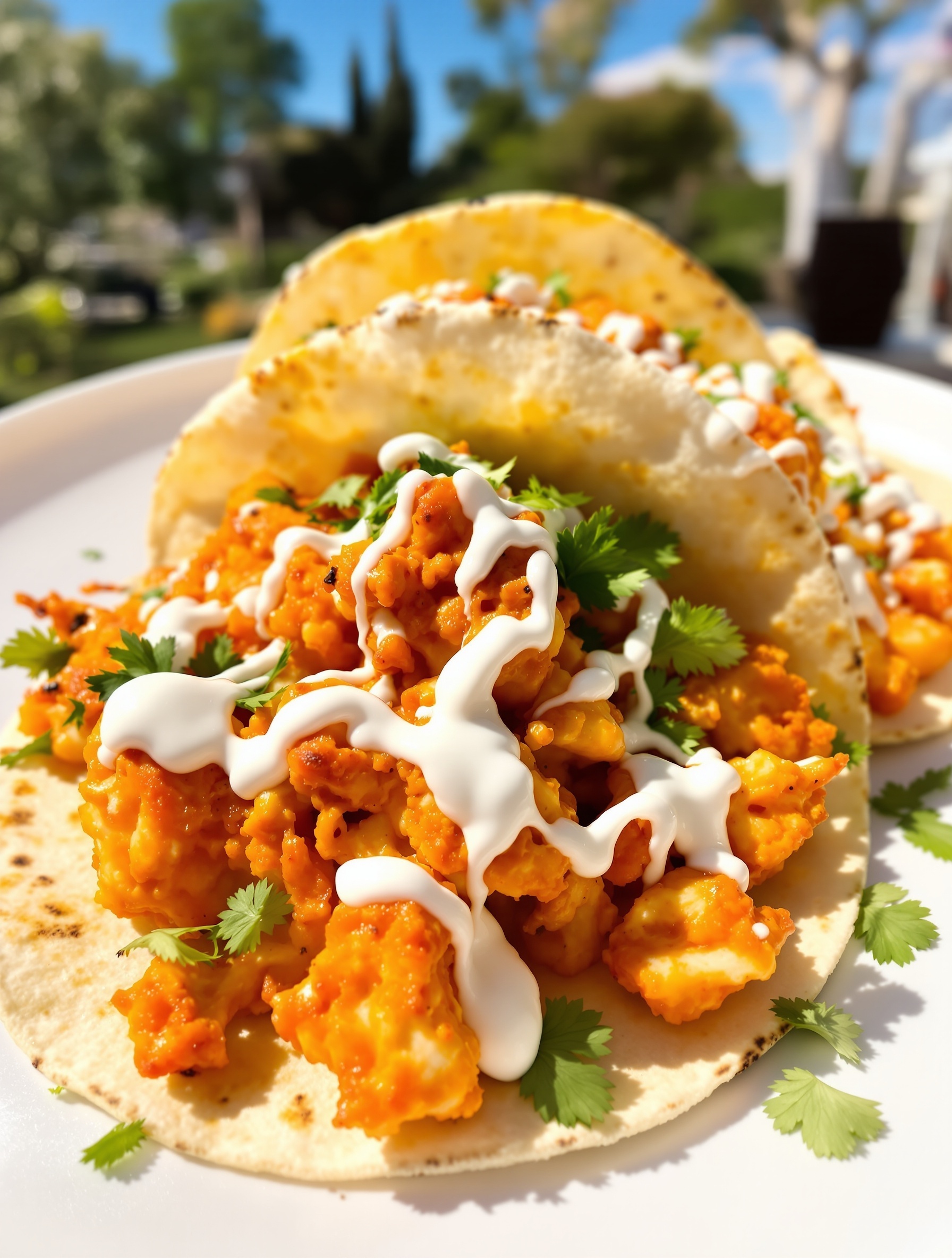 Buffalo cauliflower tacos topped with ranch dressing and cilantro