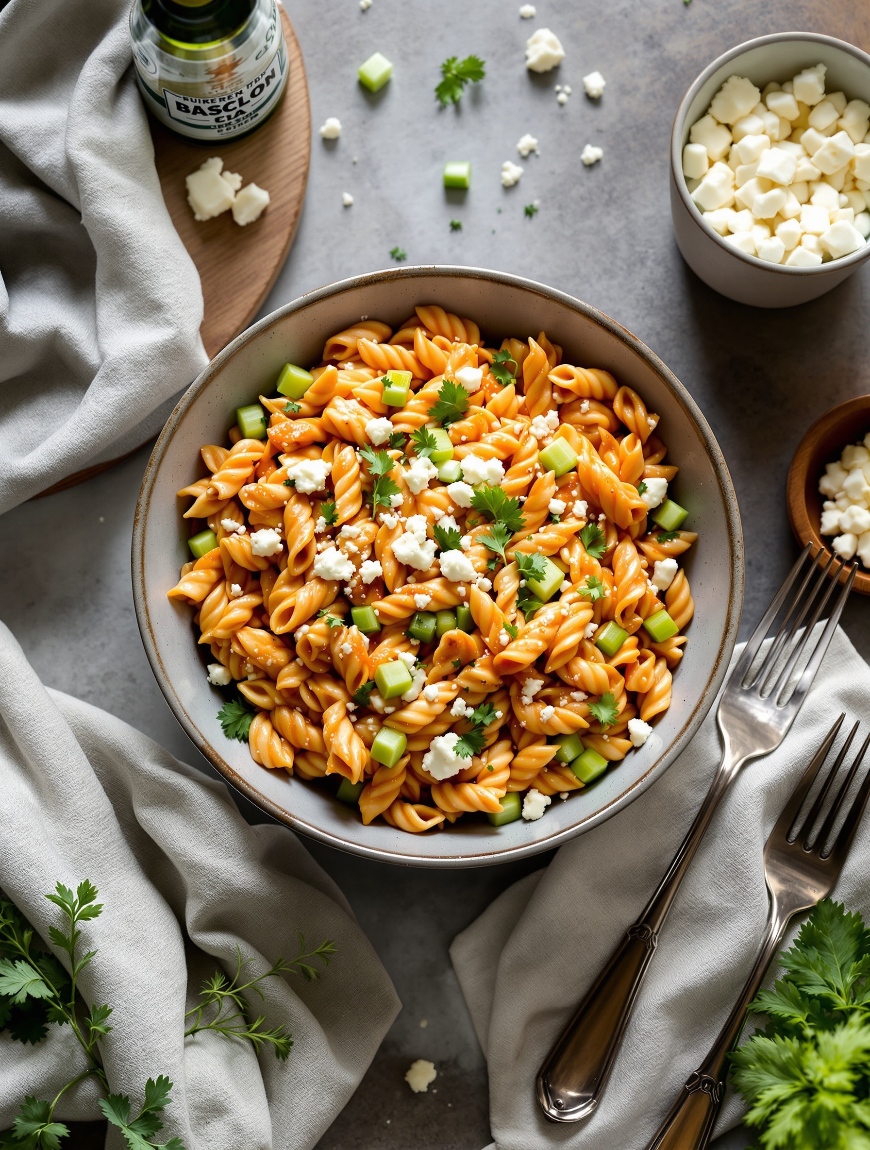 A bowl of buffalo chicken pasta salad with rotini pasta, celery, feta cheese, and cilantro.