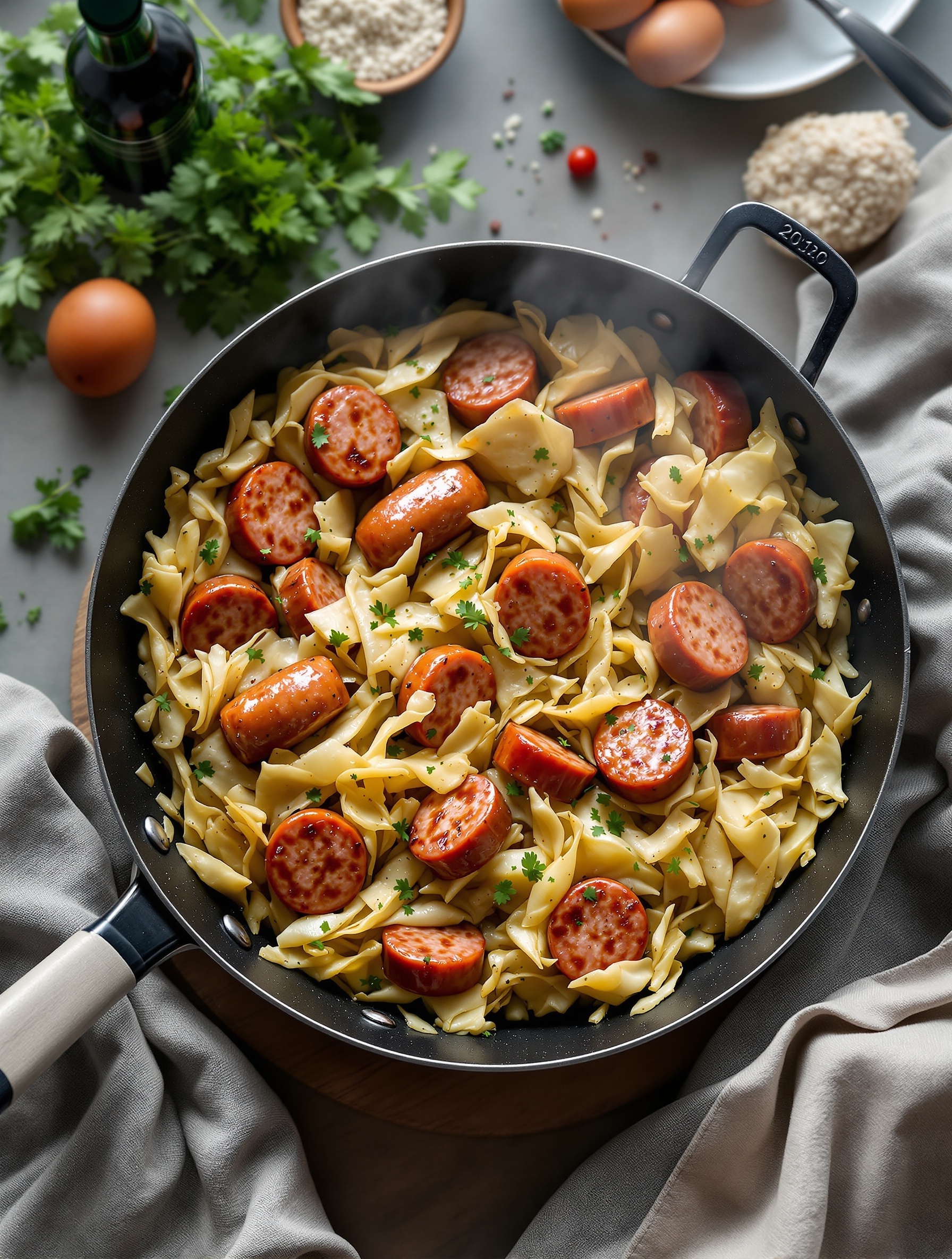 A skillet filled with cabbage, sausage, and noodles, garnished with parsley.