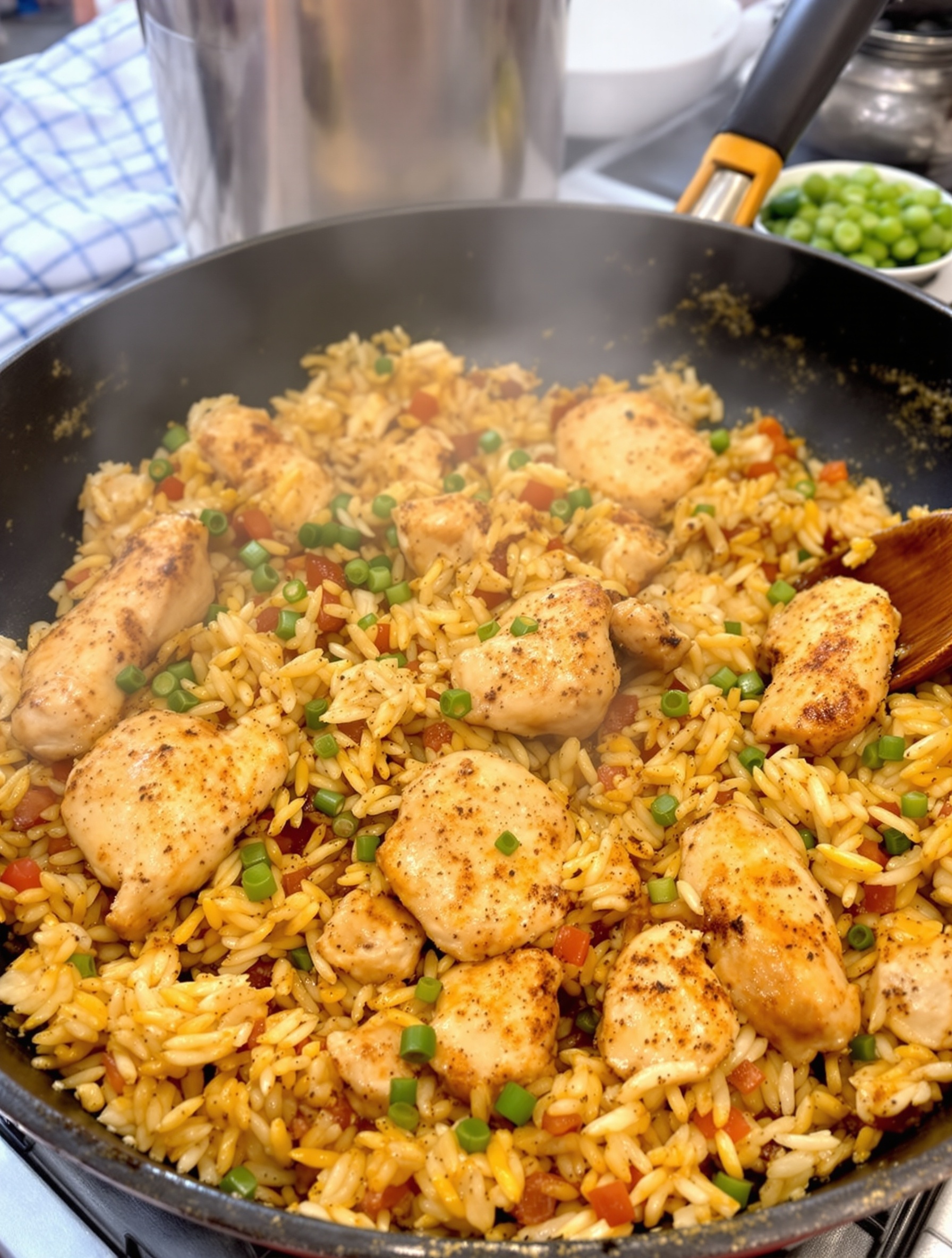 A pan of Cajun chicken and rice with diced chicken, orzo, and green onions.
