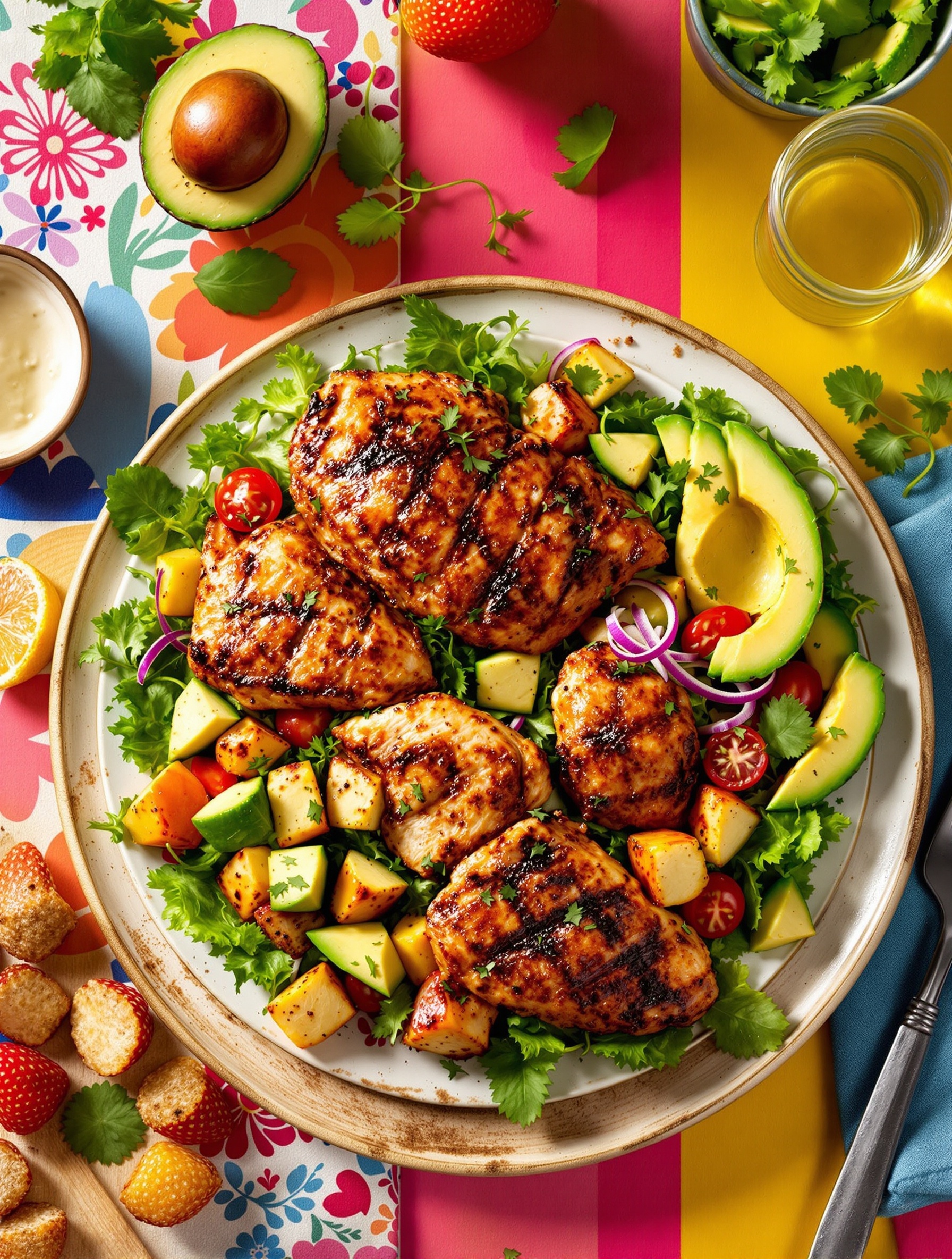 A plate of Cajun spiced grilled chicken served with avocado salad, colorful vegetables, and garnished with cilantro.