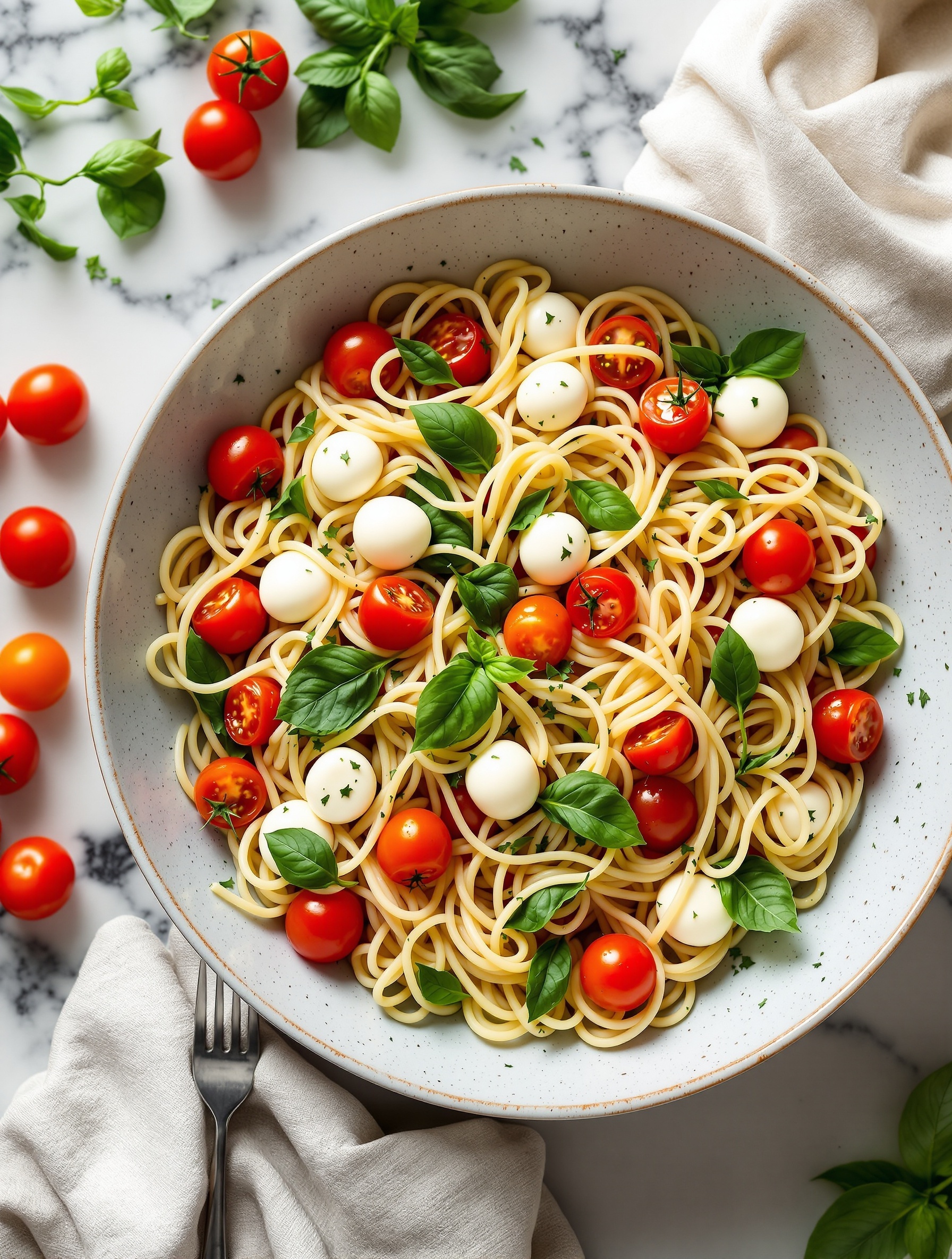 A bowl of Caprese Pasta Salad with spaghetti, cherry tomatoes, mozzarella balls, and fresh basil.