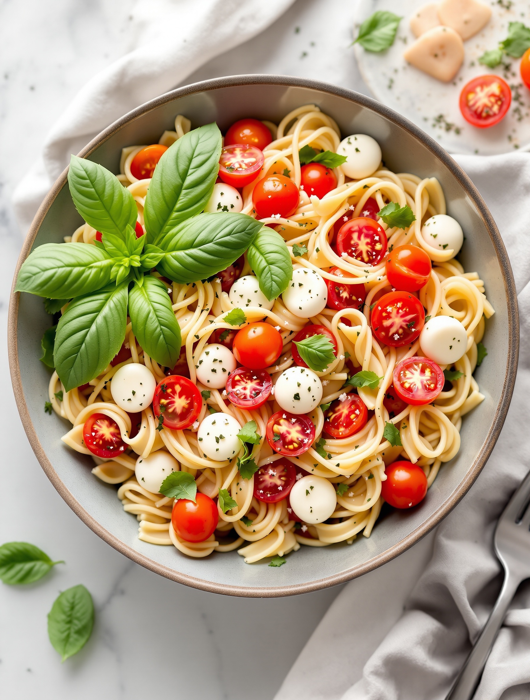 A bowl of Caprese Pasta Salad with cherry tomatoes, mozzarella, and basil.