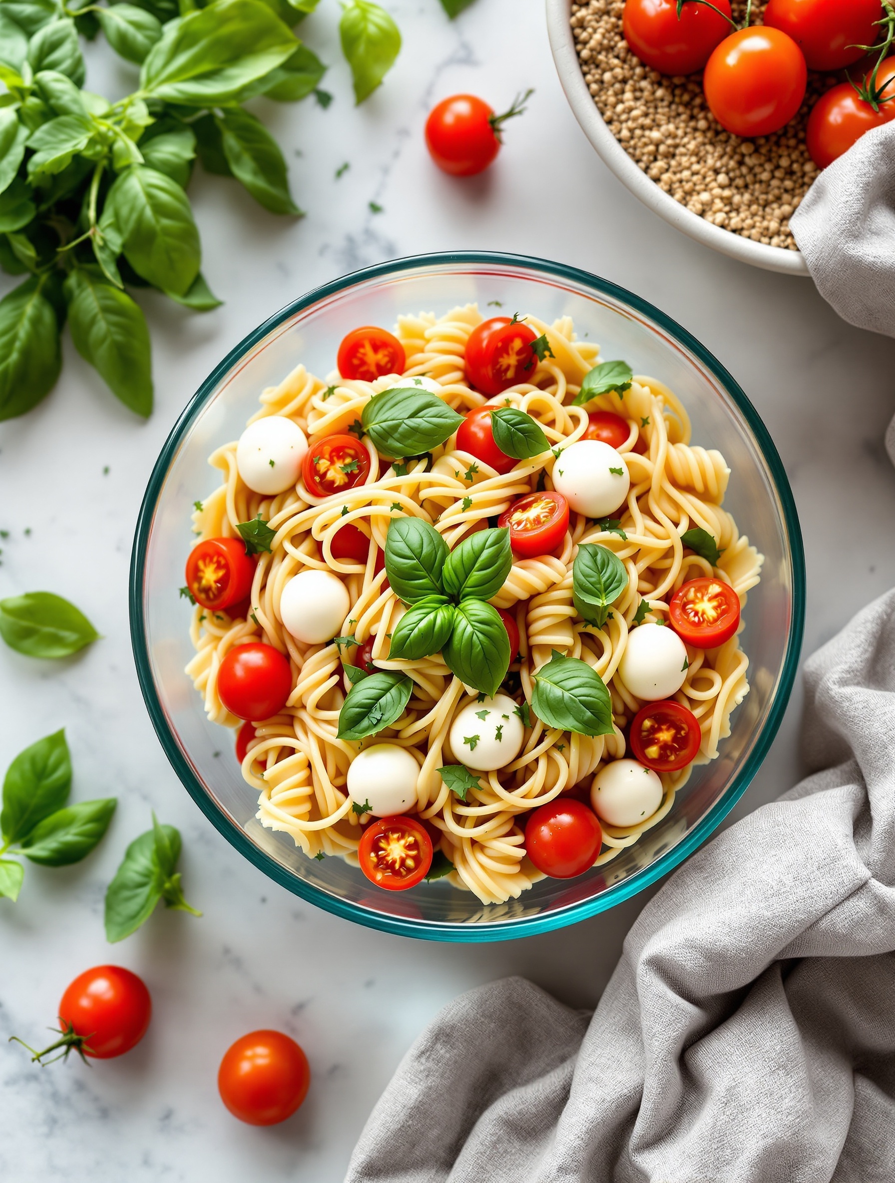A vibrant bowl of Caprese Pasta Salad with cherry tomatoes, mozzarella balls, and fresh basil.