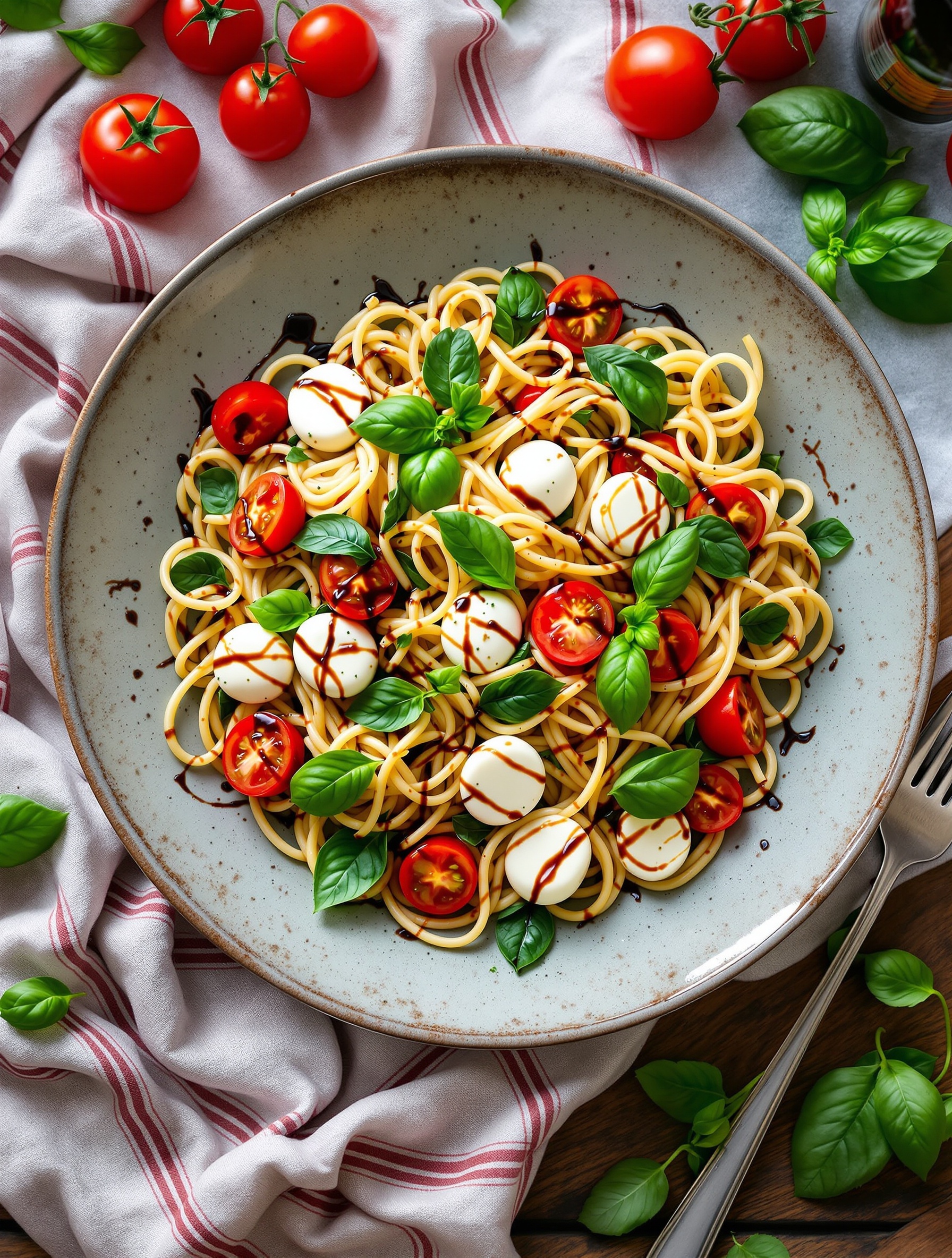 A bowl of Caprese Pasta Salad with cherry tomatoes, mozzarella, and basil, drizzled with balsamic glaze.