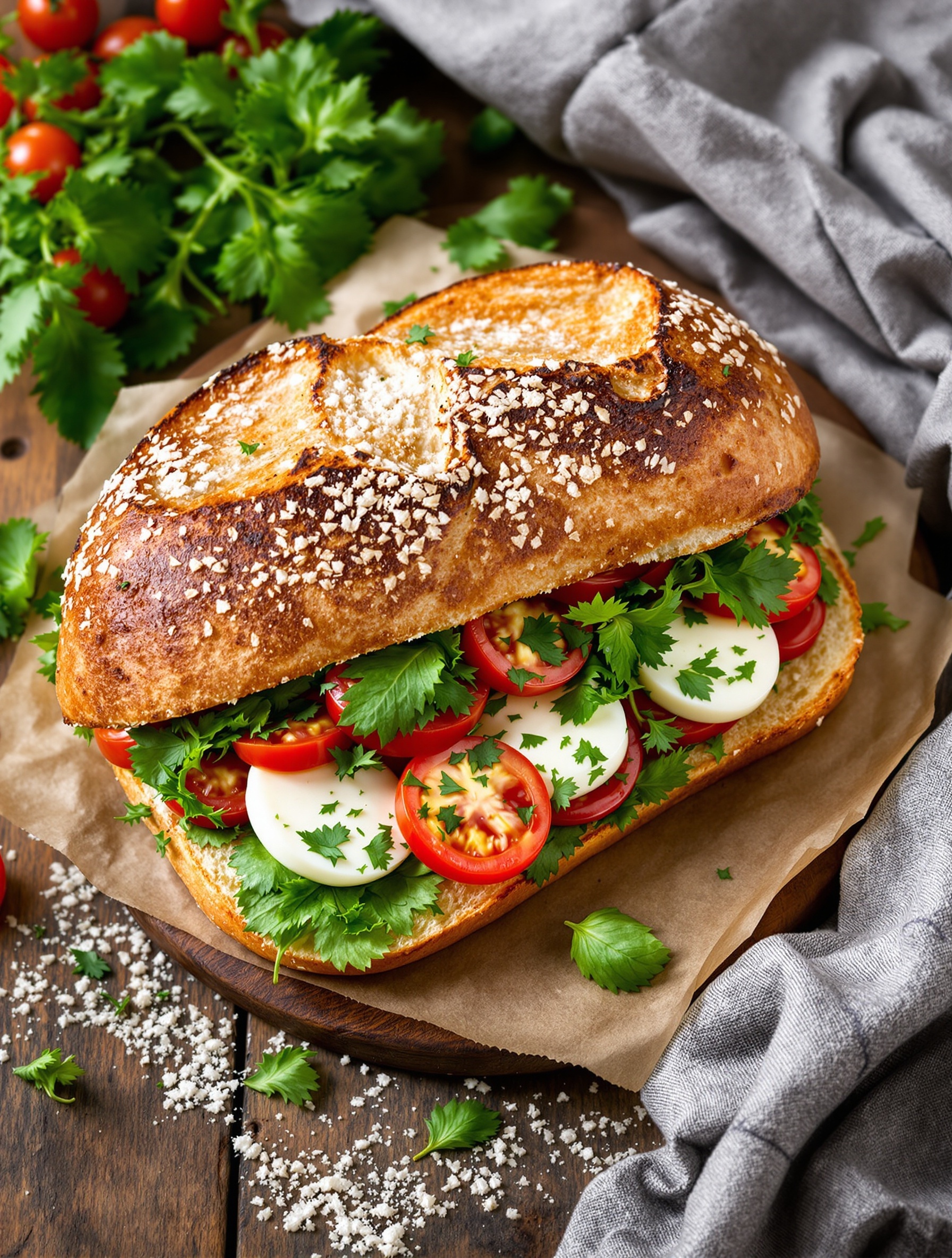 A delicious Caprese salad sandwich on ciabatta with tomatoes, mozzarella, and basil.