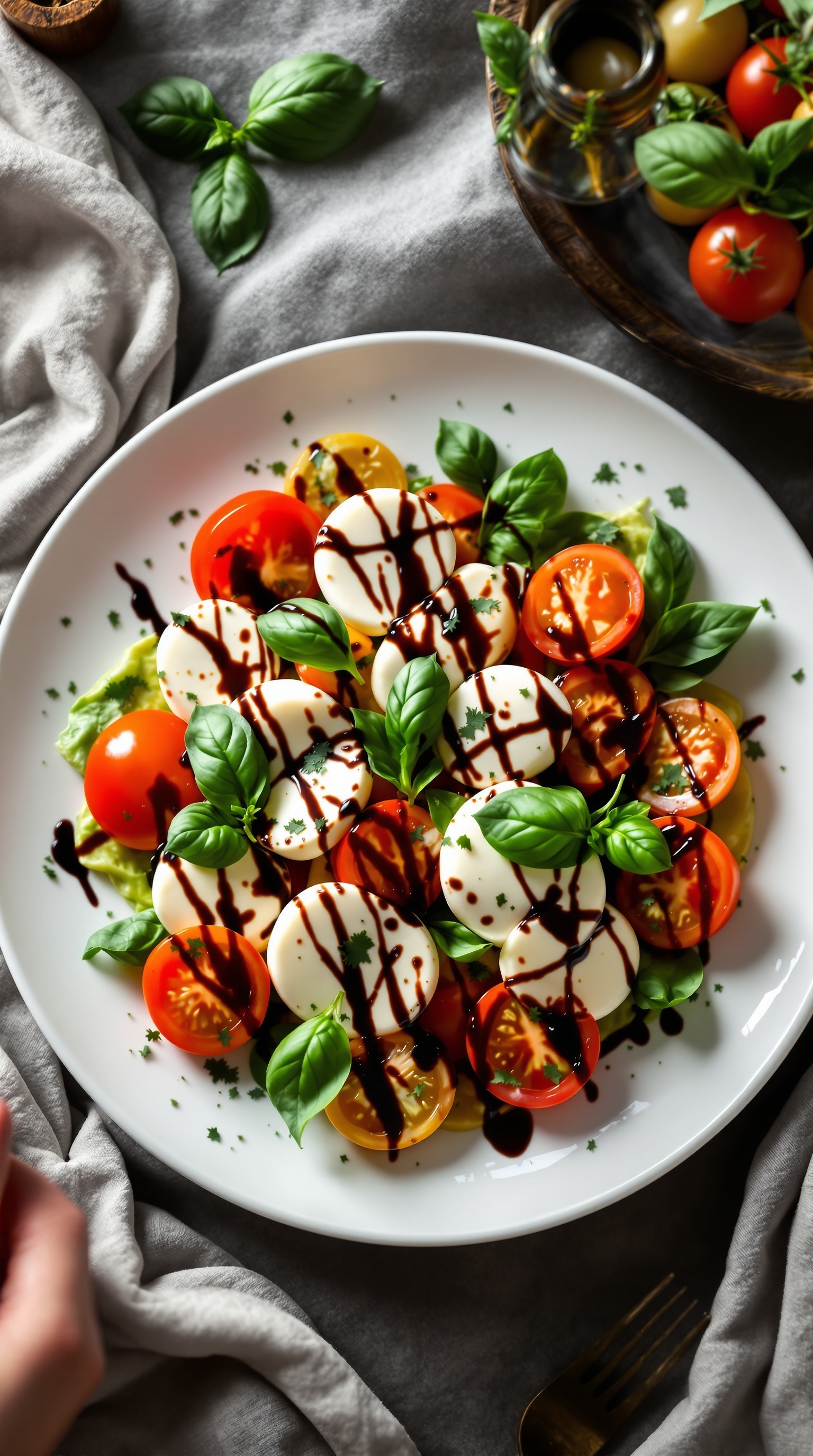 A colorful Caprese salad with mozzarella, tomatoes, basil, and balsamic glaze on a white plate.