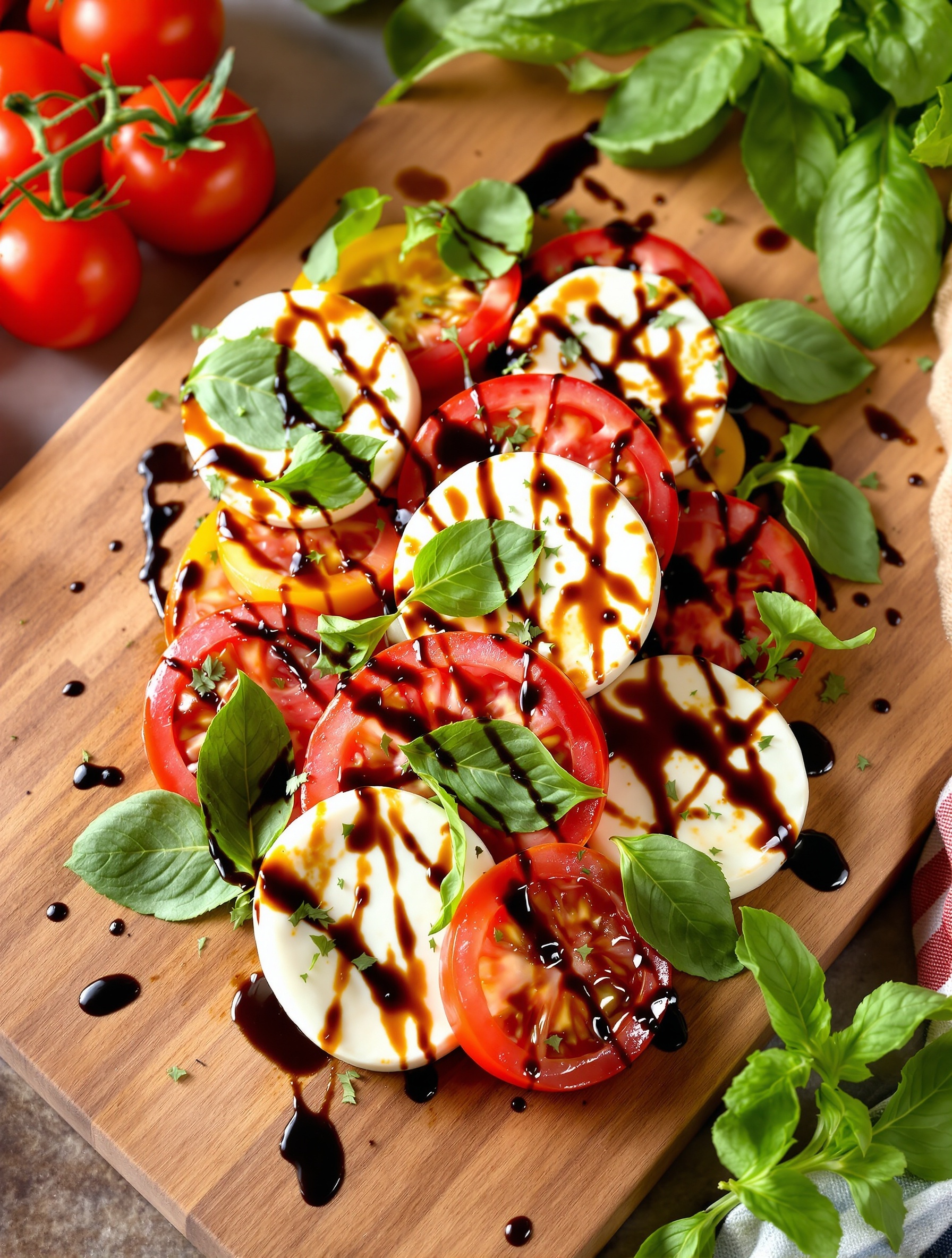 Caprese salad with tomatoes, mozzarella, basil, and balsamic reduction on a wooden board