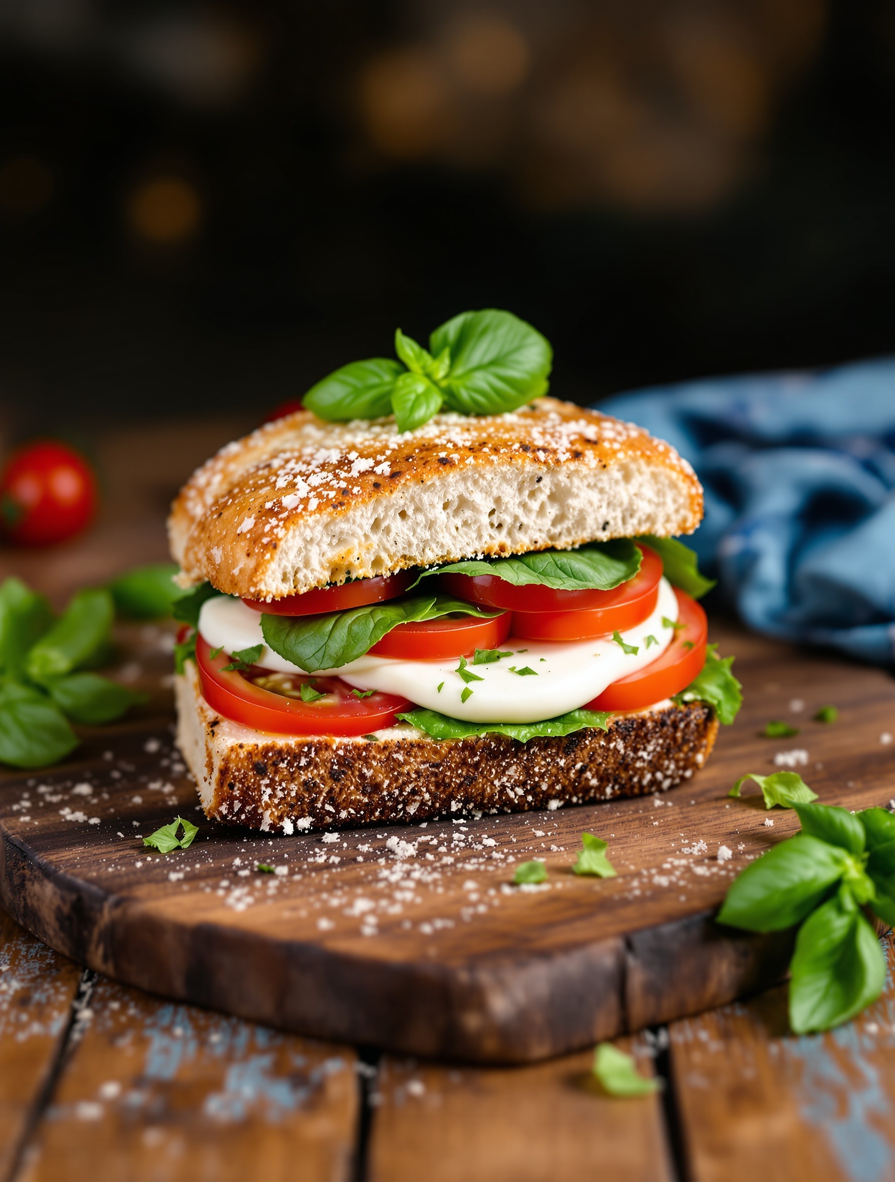A delicious Caprese sandwich with fresh basil, mozzarella, and tomatoes on a wooden cutting board.
