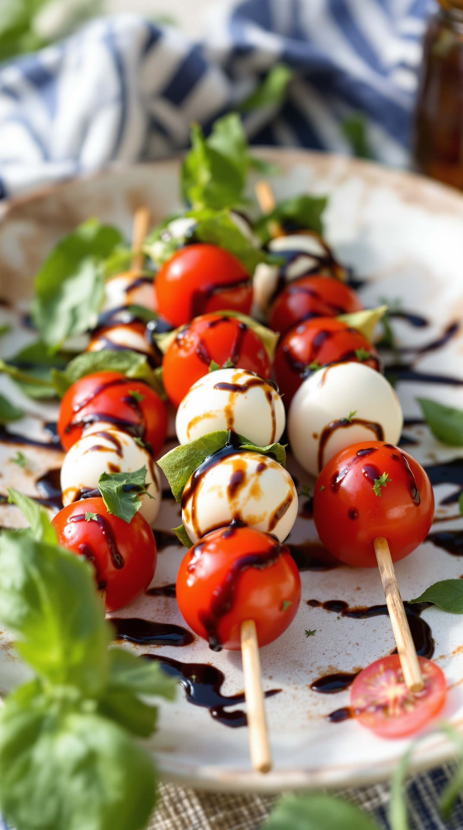 Caprese skewers with cherry tomatoes, mozzarella balls, and basil drizzled with balsamic glaze on a plate.