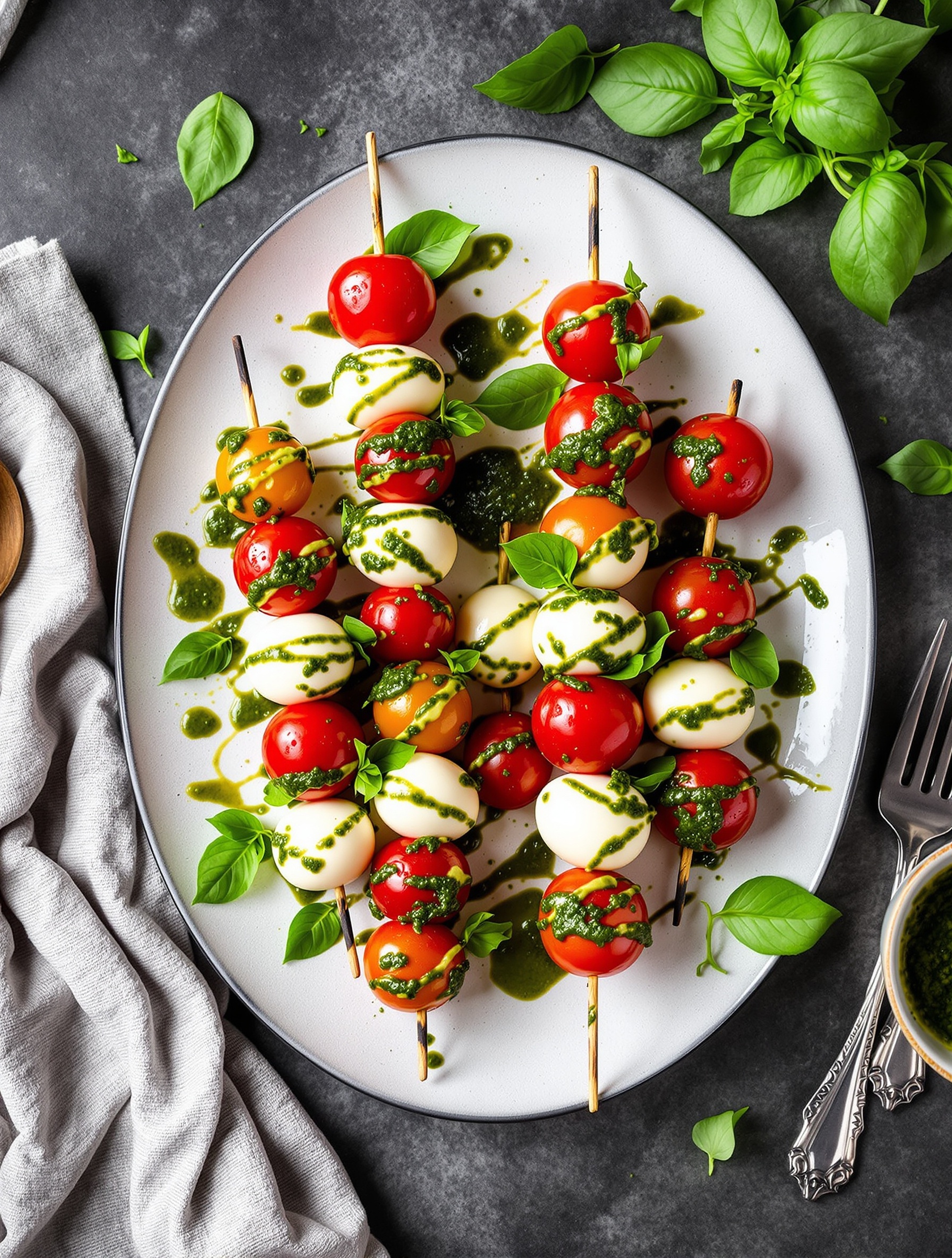 Caprese skewers with cherry tomatoes, mozzarella, and basil pesto on a platter.